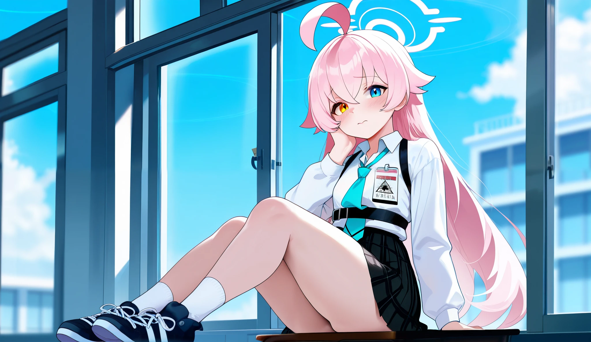(Masterpiece, absurdres, topquality) 1girl, solo, hoshino \(blue archive\),heterochromia,long hair,pink hair,ahoge,halo,white shirt,plaid skirt,necktie,sneakers,id card, maturefemale, small breasts, small waist, big hips, big butt, looking at viewer, classroom, from outside the window, (day), front view, body front, shy, sitting, elbows on the desk, one hand in cheek