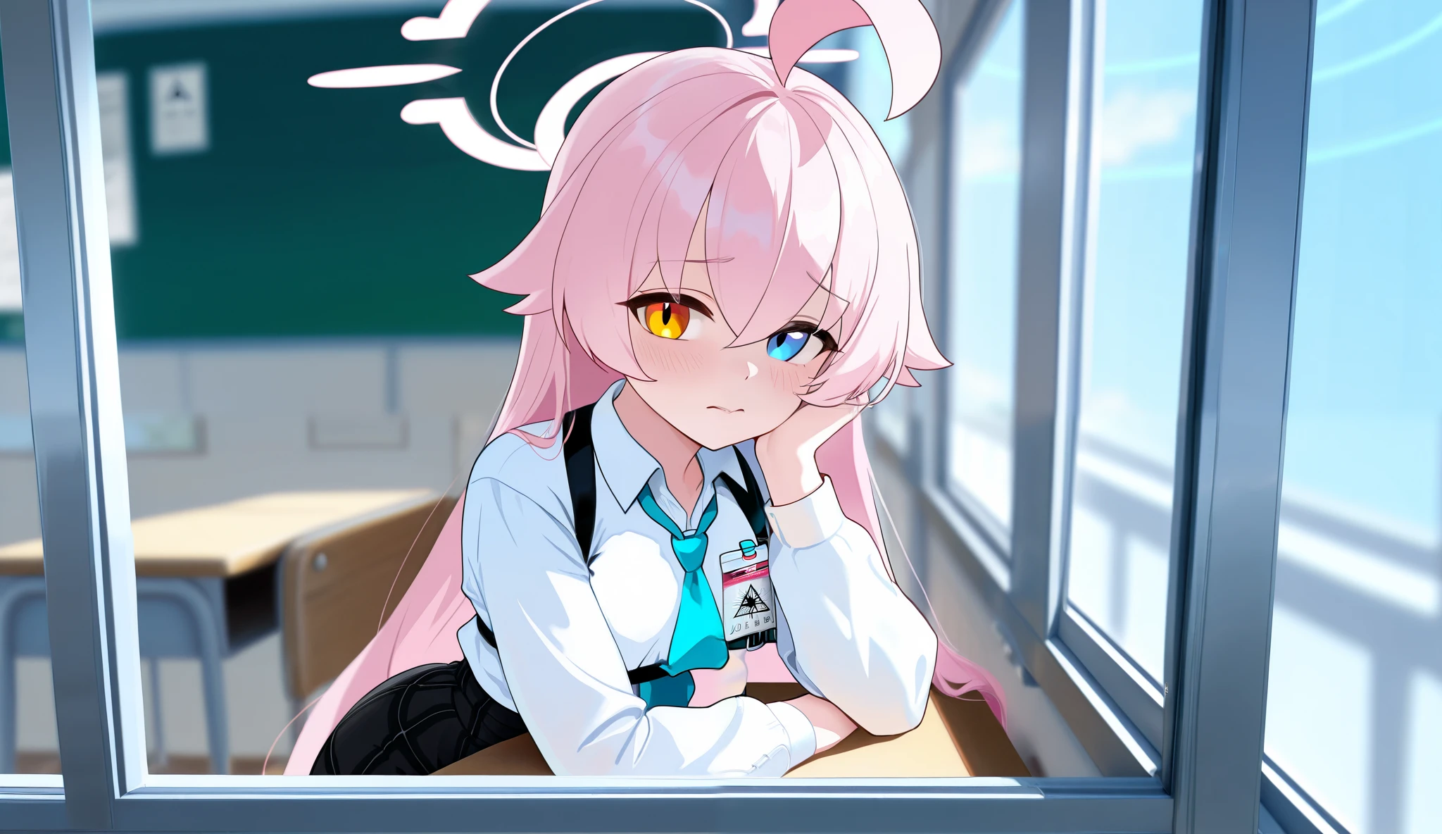 (Masterpiece, absurdres, topquality) 1girl, solo, hoshino \(blue archive\),heterochromia,long hair,pink hair,ahoge,halo,white shirt,plaid skirt,necktie,sneakers,id card, maturefemale, small breasts, small waist, big hips, big butt, looking at viewer, classroom, from outside the window, (day), front view, body front, shy, sitting on chair, elbows on the desk, one hand in cheek, cowboy shot