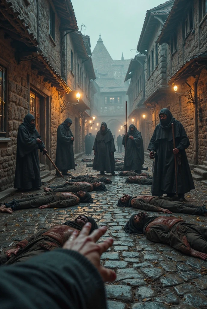 A short, fat body dead on the cobblestone street, throat cut and bleeding, surrounded by guards, medieval crime dinner, surrounded by short