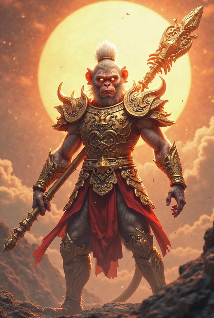 ((Masterpiece)), highest quality, high detail, super high resolution, 8k wallpaper, holding stick, Monkey King glowing red.