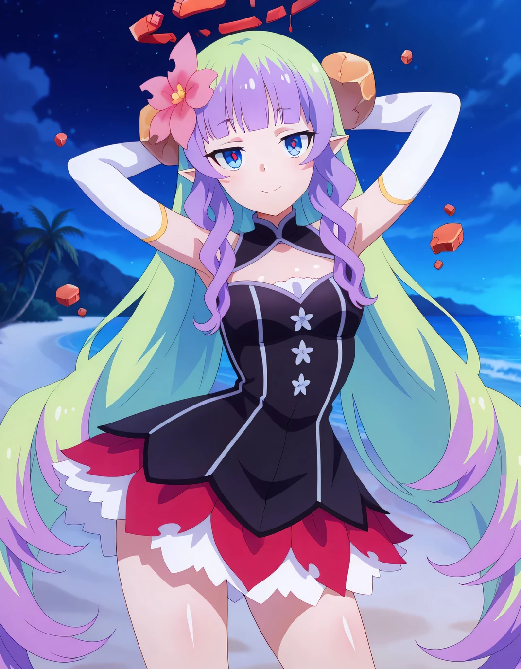 anime screencap, masterpiece, drill sidelocks, blunt bangs, multicolored hair, very long hair, blue eyes, red pupils, pointy ears, hair flower, hair ornament, broken halo, bare shoulders, black dress, cleavage cutout, elbow gloves, layered skirt, shiny skin, solo, night sky, beach, hands behind head, ((contrapposto)), closed mouth, cowboy shot, looking at viewer, smile, best quality,