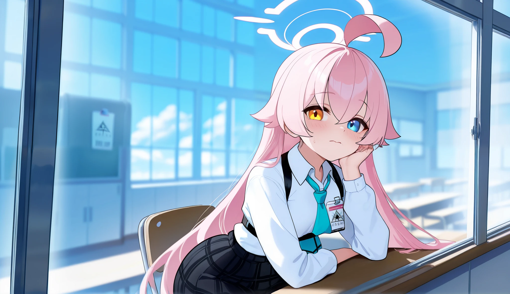 (Masterpiece, absurdres, topquality) 1girl, solo, hoshino \(blue archive\),heterochromia,long hair,pink hair,ahoge,halo,white shirt,plaid skirt,necktie,sneakers,id card, maturefemale, small breasts, small waist, big hips, big butt, looking at viewer, classroom, from outside the big window glass, (day), front view, body front, shy, sitting on chair, elbows on the desk, one hand in cheek, cowboy shot