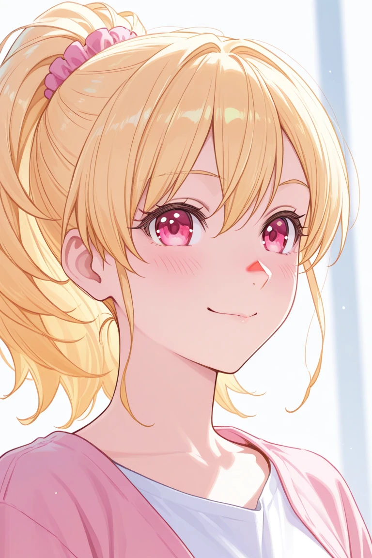 Sweet girl with blond hair and pink thin nose nose