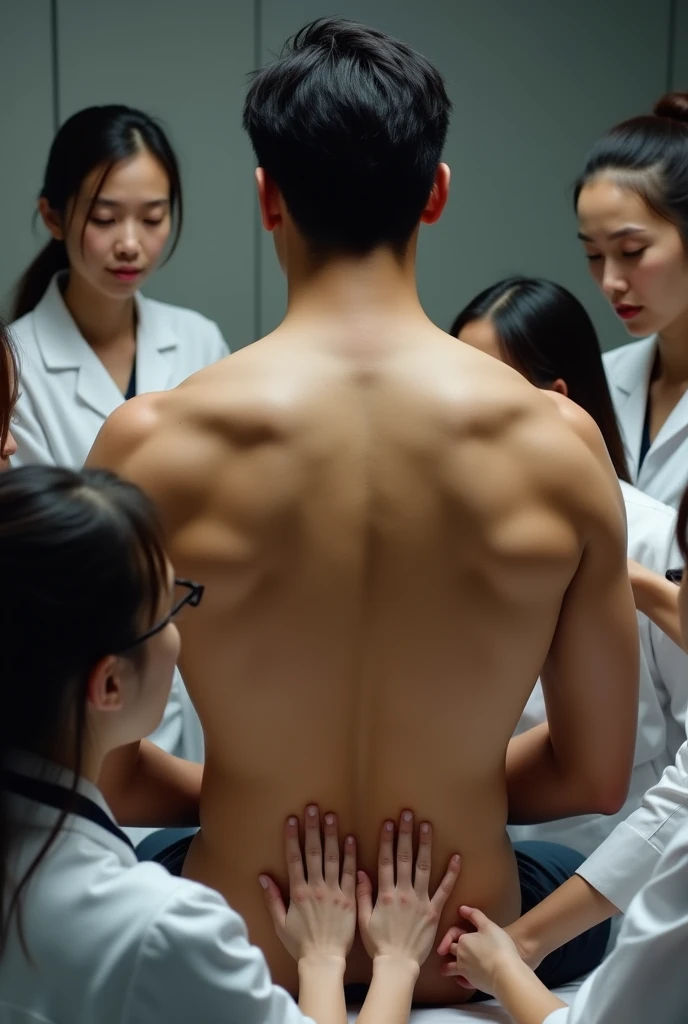 1boy、Real photo style、Photo Quality、Cute handsome man、Mash Hair、Japanese male, 、Completely naked、Full nudity、erection、Huge penis、Highest quality、Realistic、beautiful、Being examined at a hospital、A nurse and a doctor next to me、Back view、Butt Exposed、Face turned to the side