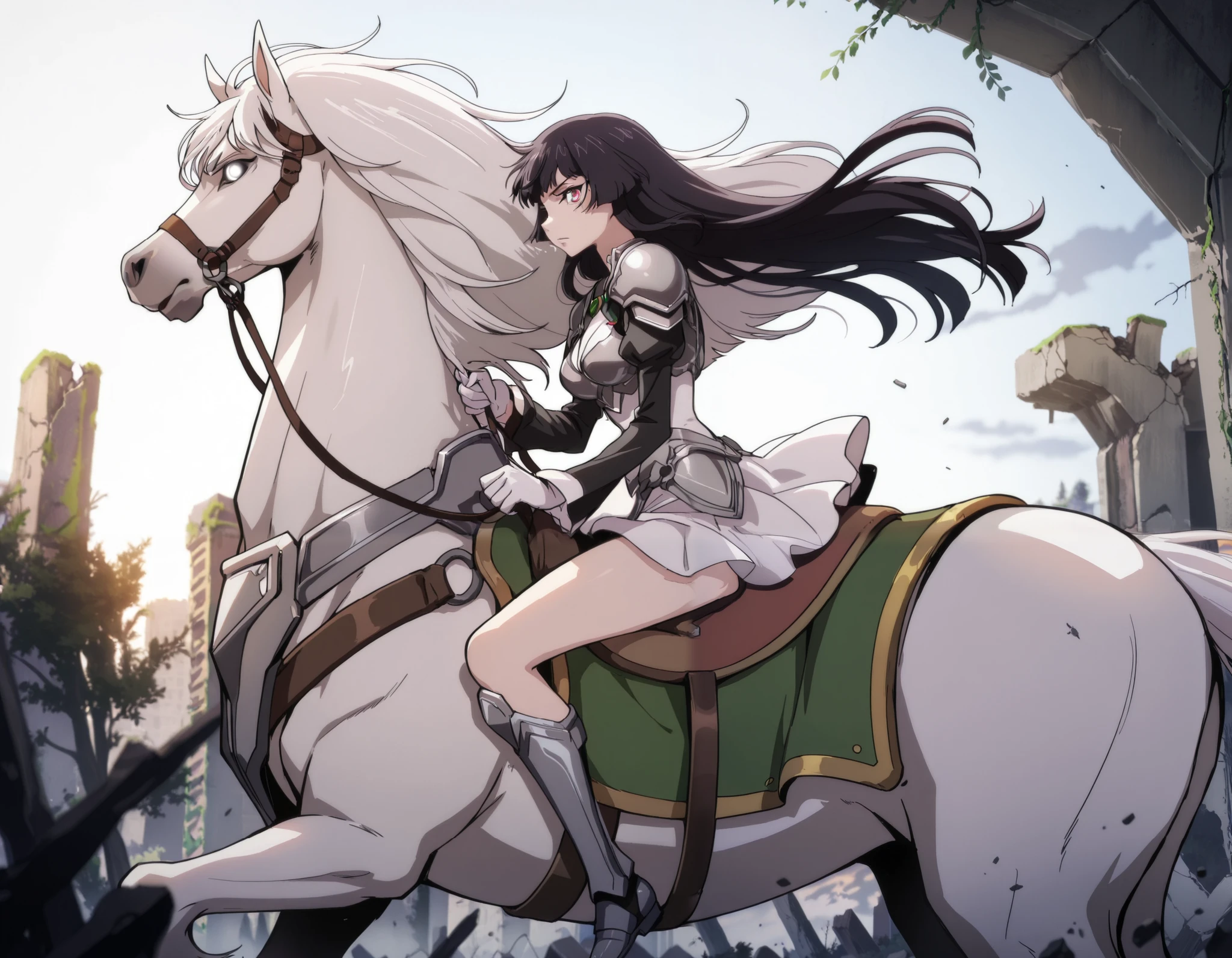  (masterpiece:1.3), (8K, best quality:1.3),, Highest image quality, intricate details, high resolution, depth field, Natural light, professional lighting, anime coloring, from side, BREAK, kisyu, riding, large horse, both hand holding rein, (a female knight riding a horse in forest city ruins full of moses, ((( kjosakuya, pink eyes, hime cut, long hair, {black hair}, medium breast]), (silver armor, silver shoulder pads, black sleeves, white miniskirt, gauntlet, gloves, bare legs, silver greaves)), ([white horse:1.2, white mane, long mane, white eyes, white tail, saddle, reins, bridle, stirrups, running), BREAK (forest, city ruins, walls covered with green moses, moses, fantasy settings:1, daylight), BREAK solo, anatomically correct