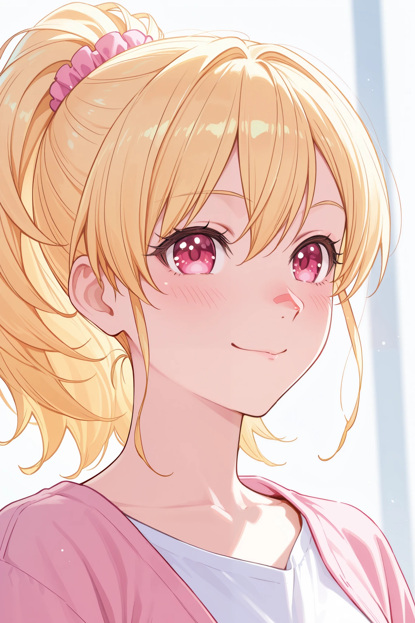 Sweet girl with blond hair and pink thin nose nose