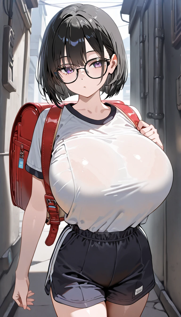 Absurd resolution, High resolution, (masutepiece: 1.4), Hyper-detailing, Young man messy black short hair spectacle welder dresses up, Highly technical robotic arm workbench、big round glasses、huge-breasted,large boob