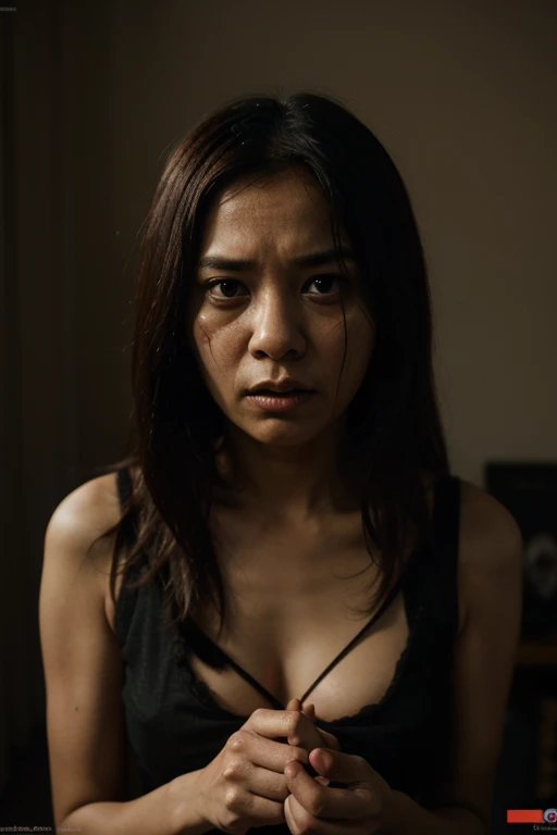 Sad shining round emoticon with big teary eyes and wrinkles, depicted in a weathered and wounded state with bandages and stitches. Blood and raindrops flow from its surface against a dark rainy background. There is writing attached to the picture "Yanti" in block letters
