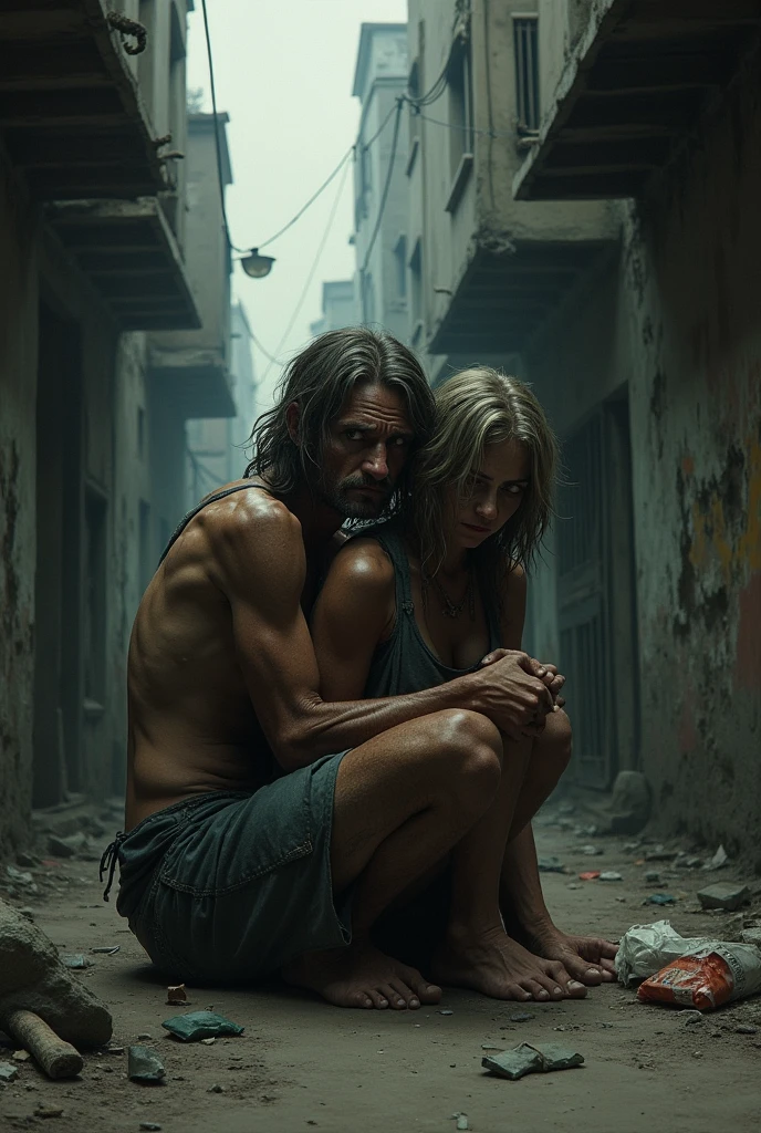 man 2.10 meters, robust, muscular, serious countenance, Lost look, in a lonely alley, Whole body, clenched jaw, Light hair, frown, big jaw, Hollow eyes, standing next to a pretty girl 1.50 meters dressed in a short, low-cut summer dress with a crazy face