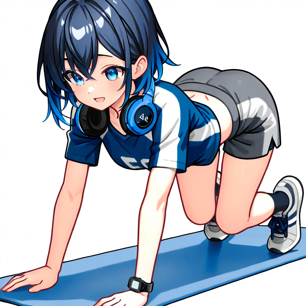 (shaded face:1.2), hollow eyes, blue eyes, looking at viewer, heavy breathing, smirk, uppert teeth, long hair, black hair, blue eyes, trembling, 1girl, bike_shorts, ass, solo, sneakers, full_body,  shoes, socks, stretch, gloves, top-down_bottom-up, looking_at_viewer, ponytail, /\/\/\, motion_lines, bent_over, white_shirt, shirt, smile, "glow effects, godrays, Hand drawn, render, 8k, octane render, cinema 4d, blender, dark, atmospheric 4k ultra detailed, cinematic, Sharp focus, big depth of field, Masterpiece, colors, 3d octane render, 4k, concept art, trending on artstation, hyperrealistic, Vivid colors, extremely detailed CG unity 8k wallpaper, trending on CGSociety, Intricate, High Detail, dramatic", sweating, steaming body, fog, (anime coloring, anime screencap:1.5)