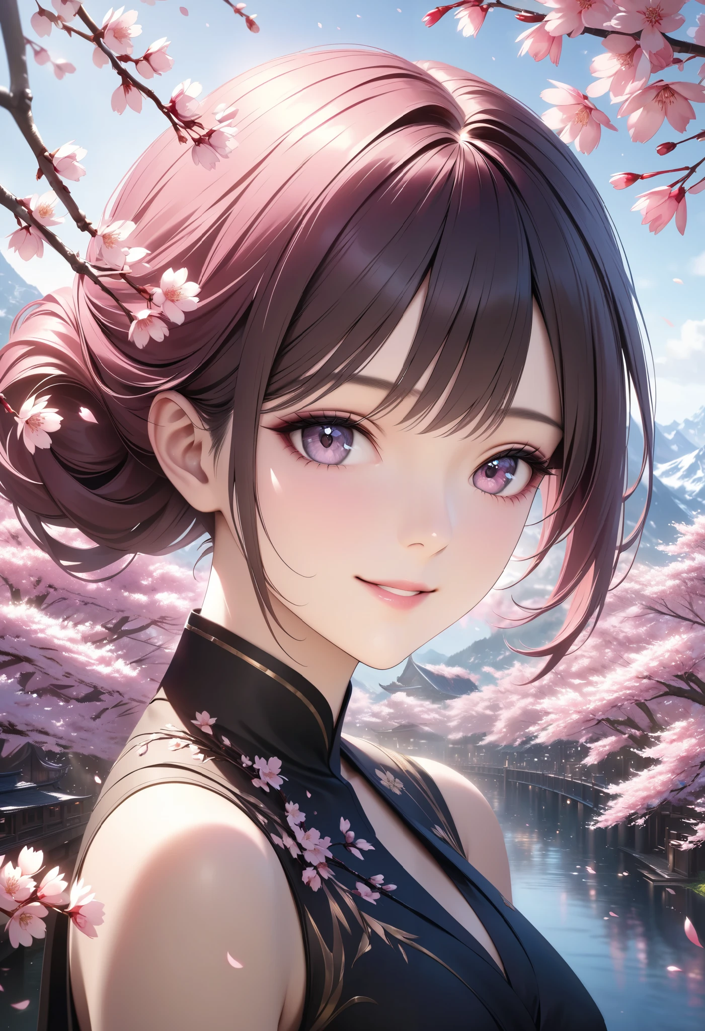Goddess of Cherry Blossoms ,Portrait of an Elaborate Woman,Elegant Woman Smiling with Cherry Blossom Branches,pink petals along with cherry blossom branches,Elegant hairstyle,Delicate Expression,Wrapped in,Surrounded by Natural Light,Beautiful Scenery Background,best quality,realistic,4K rendering,HDR,Bokeh,Fine Details,Vivid Hues, Sakura