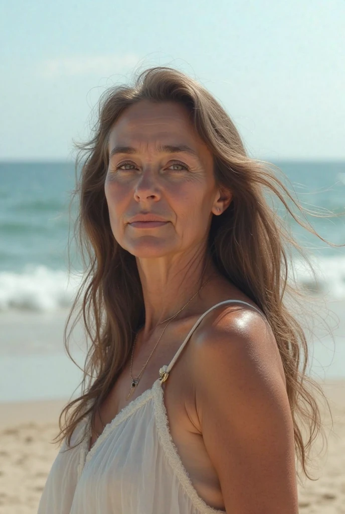 ReginaD, Muher morena, olhos expressivos, 45 anos, leve sorriso, slightly messy brown hair, Caminhando na praia, nascer do sol, Estilo contemplativo, Influence of contemporary portraits, Pixiv, Atmosfera Reflexiva, natural lightting, Use the HDR effect to extend the dynamic range of the image, Highlight details in light and dark areas