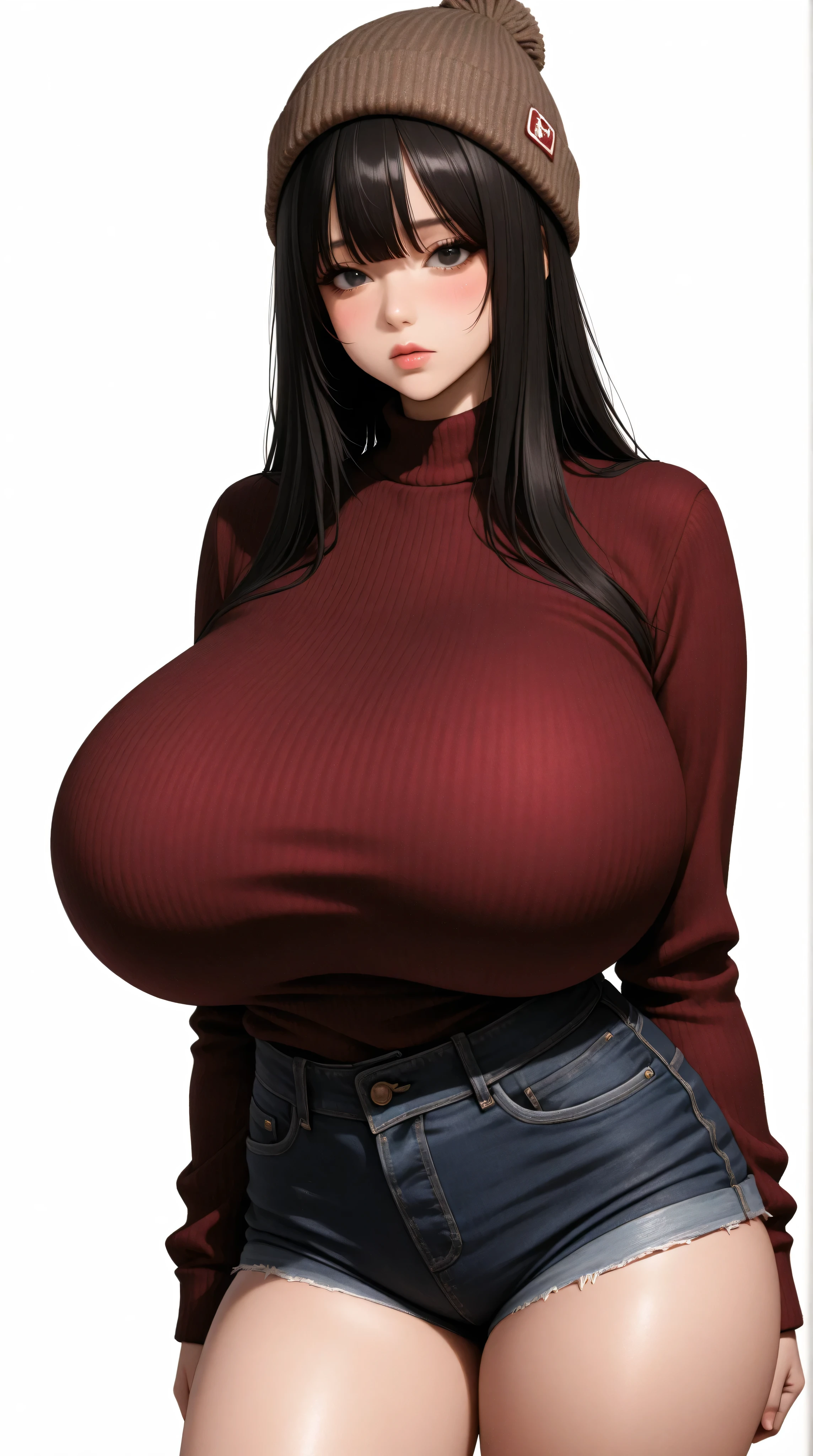 best quality, finely detailed eyes and detailed face), 정면, (1여자, 완벽한 얼굴), black_straight_hair, bangs, black_eyes, burgundy scoopneck sweater, brown_beanie, denim_shorts, front_view, korean, standing, alone, (((((huge_breasts, humongous_breasts))))), pretty, beautiful, cowboy_shot, looking at viewer, blush, simple_background, white_background