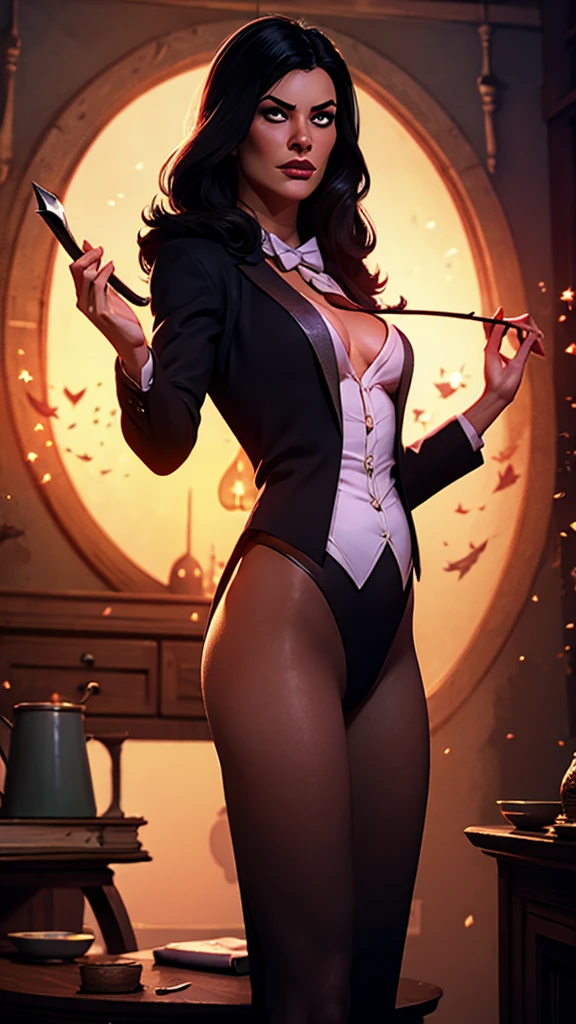 zatanna, ((long hair, black hair, bangs, glowing blue eyes, wide eyes, lipstick, makeup, narrow waist, skinny, medium breasts, earrings, alone, top hat)), pelvic curtain, ((Black jacket, black panties, black bra)), full body, perfect body, (insanely detailed, beautiful detailed face, masterpiece, best quality) , (((solo))), (((1girl))), (((mature))), (extremely detailed 8k paper CG wall unit: 1.1), (stage, spotlight), (smile face for the viewer), View from behind, back, below