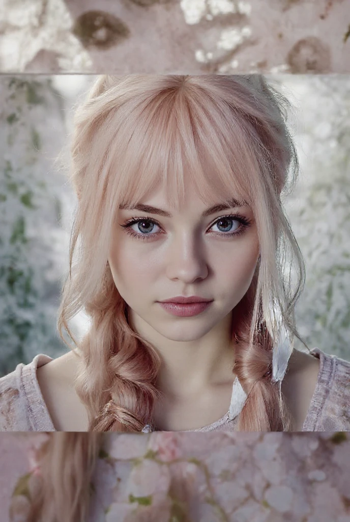Girl with two pink and blonde hair, small eyes sharp nose