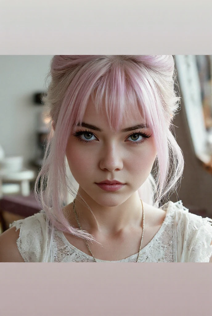 Girl with two pink and blonde hair, small eyes sharp nose