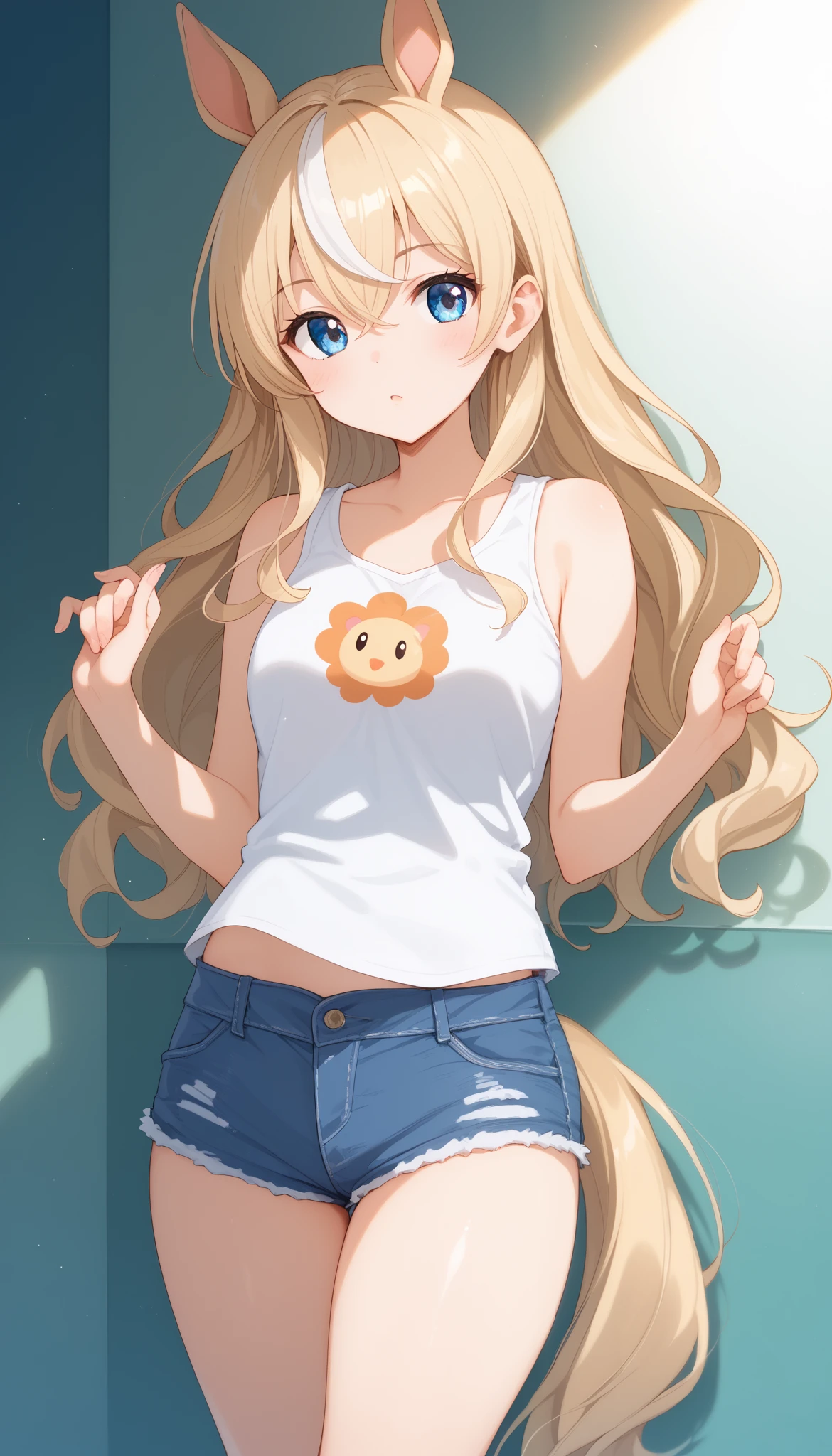 horse tail, long hair, streaked hair, blonde hair, white hair, hair between eyes, animal ears, ear ornament, blue eyes,1 bashful girl, alone, anime style,cute girl,Best Quality, super detailed, anime style,8k, high resolution, detailed face, Character's Upgraded Image,((clear face)),(in the middle of the city),((slouching forward)),((is leaning against the wall)),(( white sleeveless shirt)),(Black micro mini denim shorts),(character up image viewed straight diagonally from the side),character up image,shiny, smooth thighs,morning,Dazzling Sunlight,(character up image above thighs)