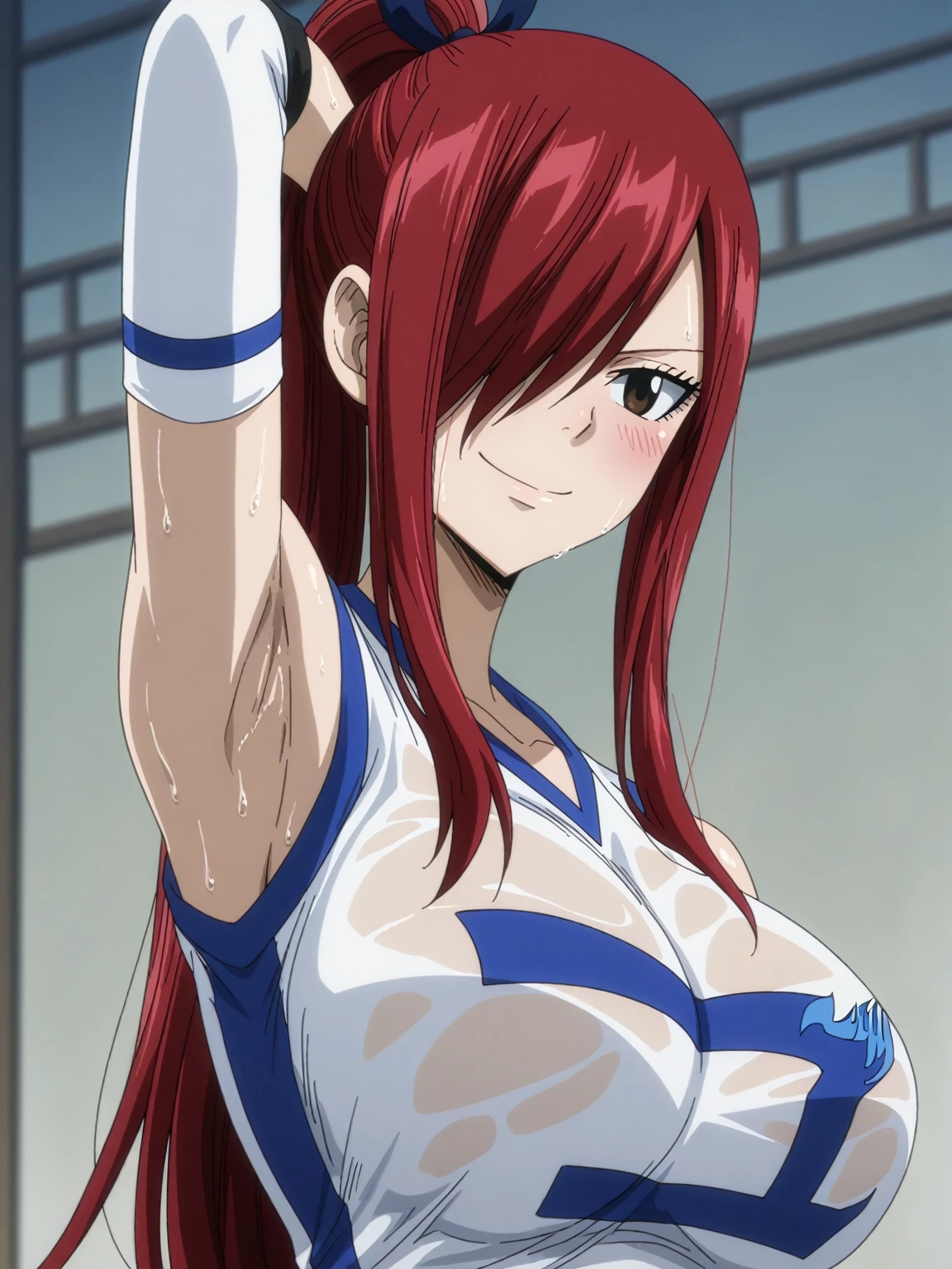 masterpiece, best quality, highres, anime style, anime official art,fairy tail, 1girl, long hair, red hair, ponytail, hair over one eye, brown eyes, seductive smile, large breasts, wearing volleyball jersey, cowboy shot, indoors, arms up,armpits, armpits visible, sixpack, abs