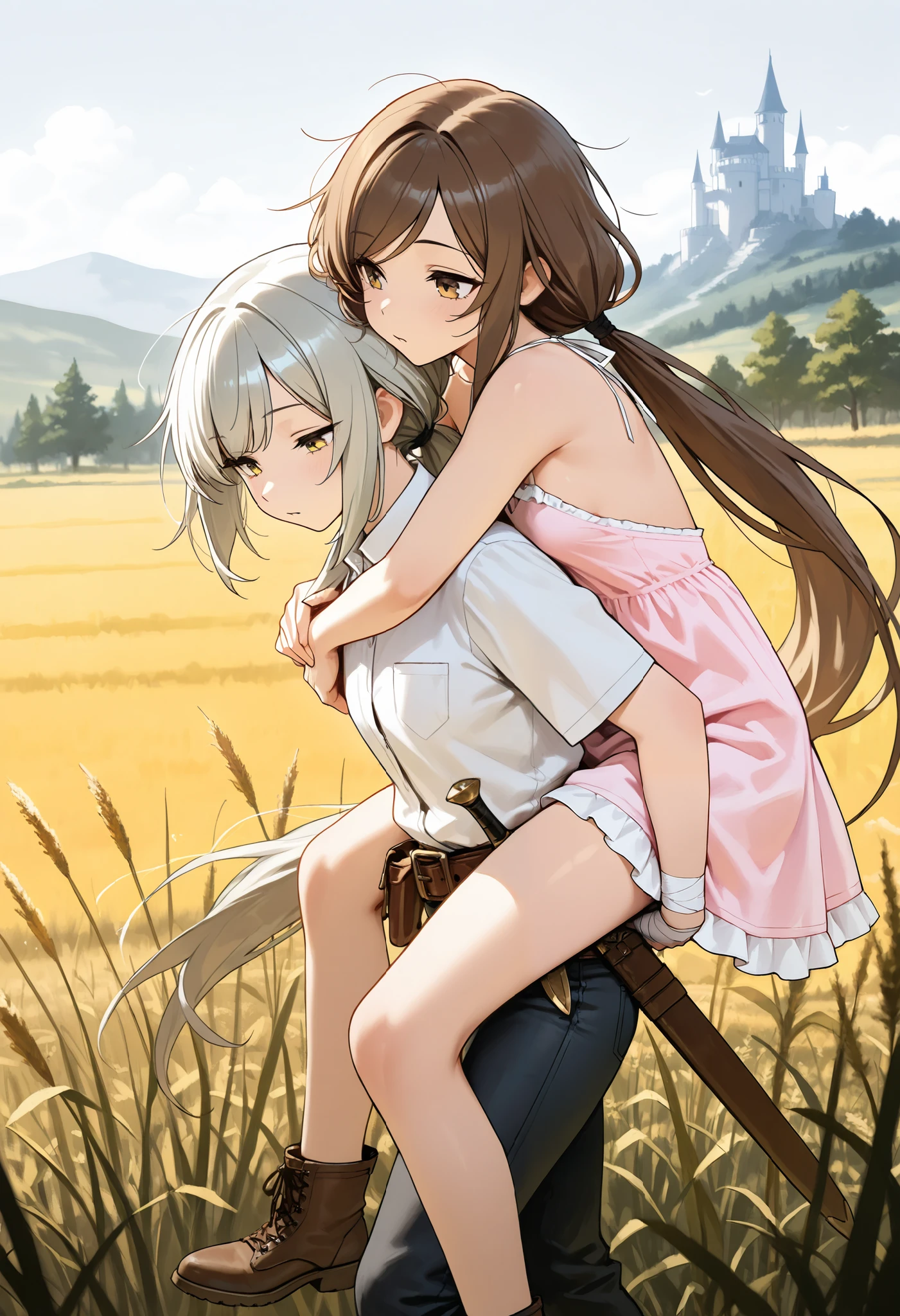 (masterpiece:1.2, Best Quality), (finely detailed beautiful eye: 1.2), (beautiful detailed face), 2girls, carrying, from side, piggyback, piggyback carry,character: brown hair , sleeping, brown eyes , very long hair , swept bangs thin , small breasts , bare shoulders , pink sundress , backless sundress , bandaged hands , spaghetti strap sundress , sundress with white frill trim , brown belt , brown combat boots , dagger sheathe attached to belt , character: thin , messy hair, yellow eyes , long hair , gray hair , low ponytail , light skin , yellow eyes , gray collared shirt , sleeveless shirt , black jeans , thin legs , thin thighs , swordbelt , sword sheathe , sword pommel, field, tall weeds, few stars, trees, distant castle,