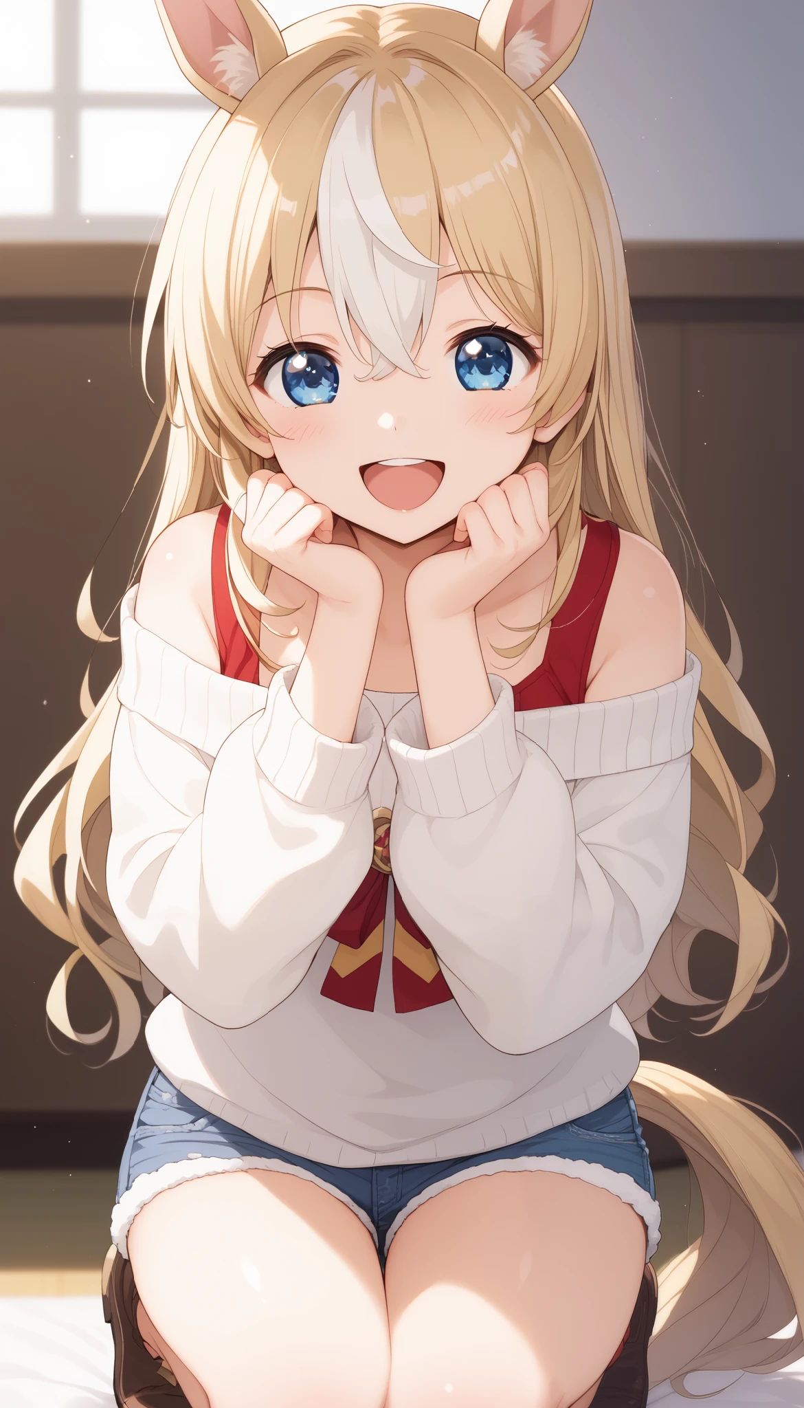 horse tail, long hair, streaked hair, blonde hair, white hair, hair between eyes, animal ears, ear ornament, blue eyes,1 bashful girl, Alone, anime style,cute girl,Best Quality, super detailed, anime style,8k, high resolution, detailed face, Character's Upgraded Image,((is laughing)),(lawn),((squatting)),((red off-the-shoulder sweater)),(yellow micro mini denim shorts),(斜め前から見ているcharacter up image),character up image,Shiny, smooth thighs,morning,Dazzling Sunlight,(太ももよりcharacter up image),high image quality,cute face