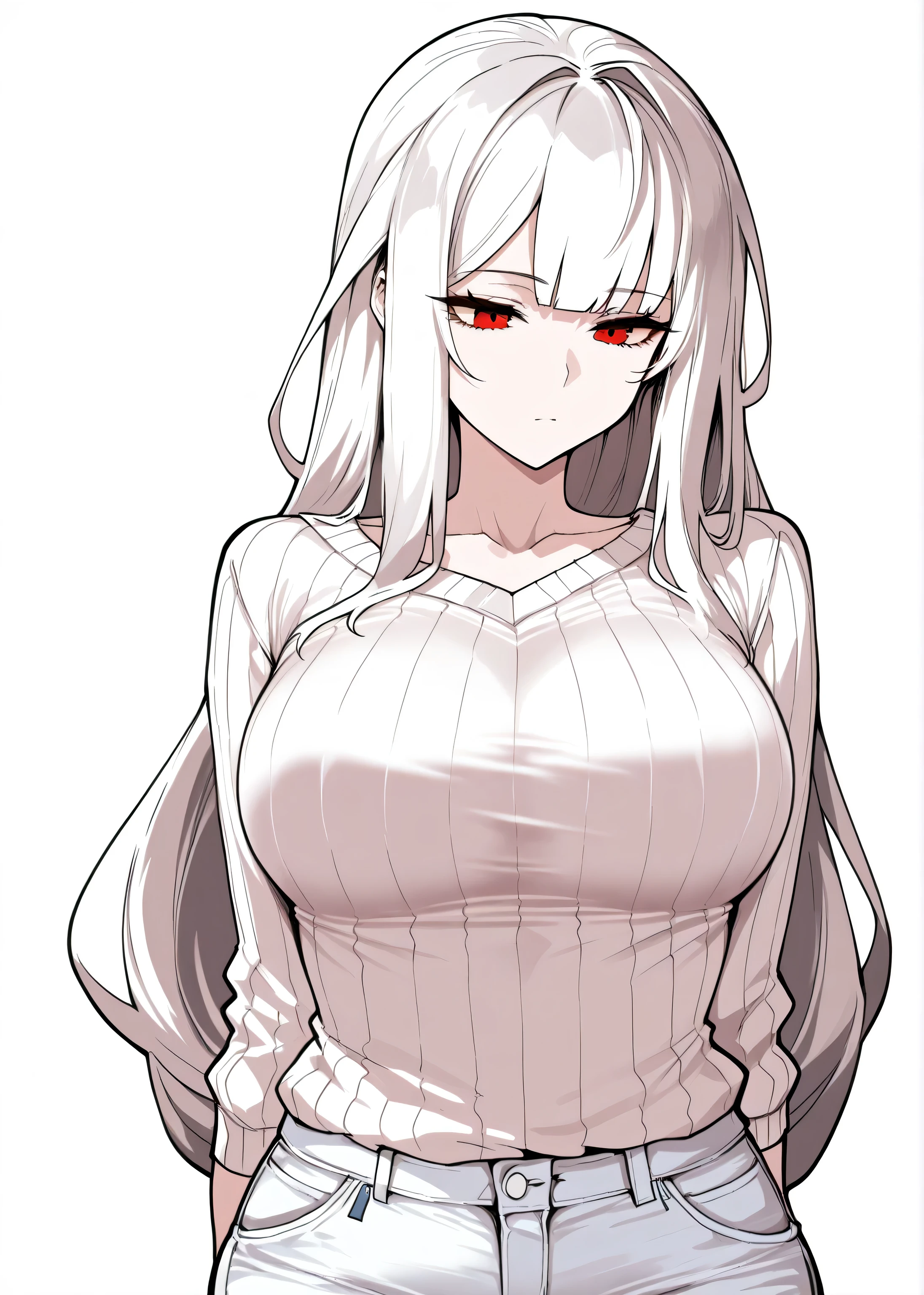 masterpiece, best quality, high contrast, masterpiece, best quality, high quality, perfect anatomi, 1girl,skadi (arknights), breast, white hair, blunt bangs, long hair, white sweater, white jeans, white background,