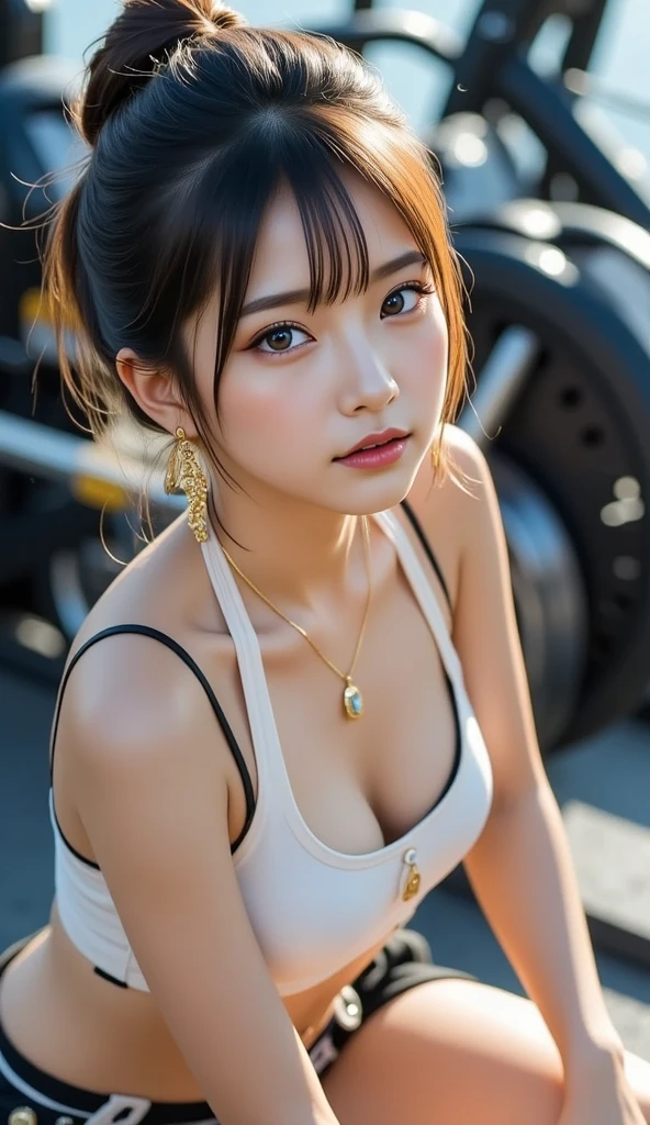 1girl, Gold handcuffs on the chain, around the neck