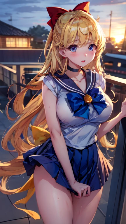 1girl, Angle from the front, ((She leans forward to accentuate her breasts and show off her bust.)), (Moonlit night)、(On the roof of a building)、thighs、(shiny White skin:1.6)、blue eyes, ((Slim figure)), (12 years old girl), (A sadistic and malicious grin), (sexy pose)、(grin), (Shiny blonde hair)、Long hair, (forehead), Blue ribbon on chest, (Big red ribbon), ((Sailor Venus))、Sailor suit、(Orange pleated mini skirt)、(I'm lifting my leg)、