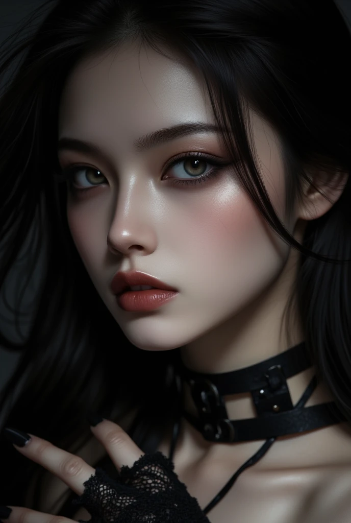 (best quality,4k,highres),sexy oriental gothic girl,leather clothes,sexy expression,detailed eyes and lips,tattoos,edgy makeup,dark atmosphere,black lace,red and black color scheme,sharp contrast,highlights and shadows,grungy background,vivid colors,striking pose,smoky eyes,sultry look,complete attention to details,mysterious aura,flowing hair,dramatic lighting,artistic composition,perfectly proportioned figure, beauty in darkness