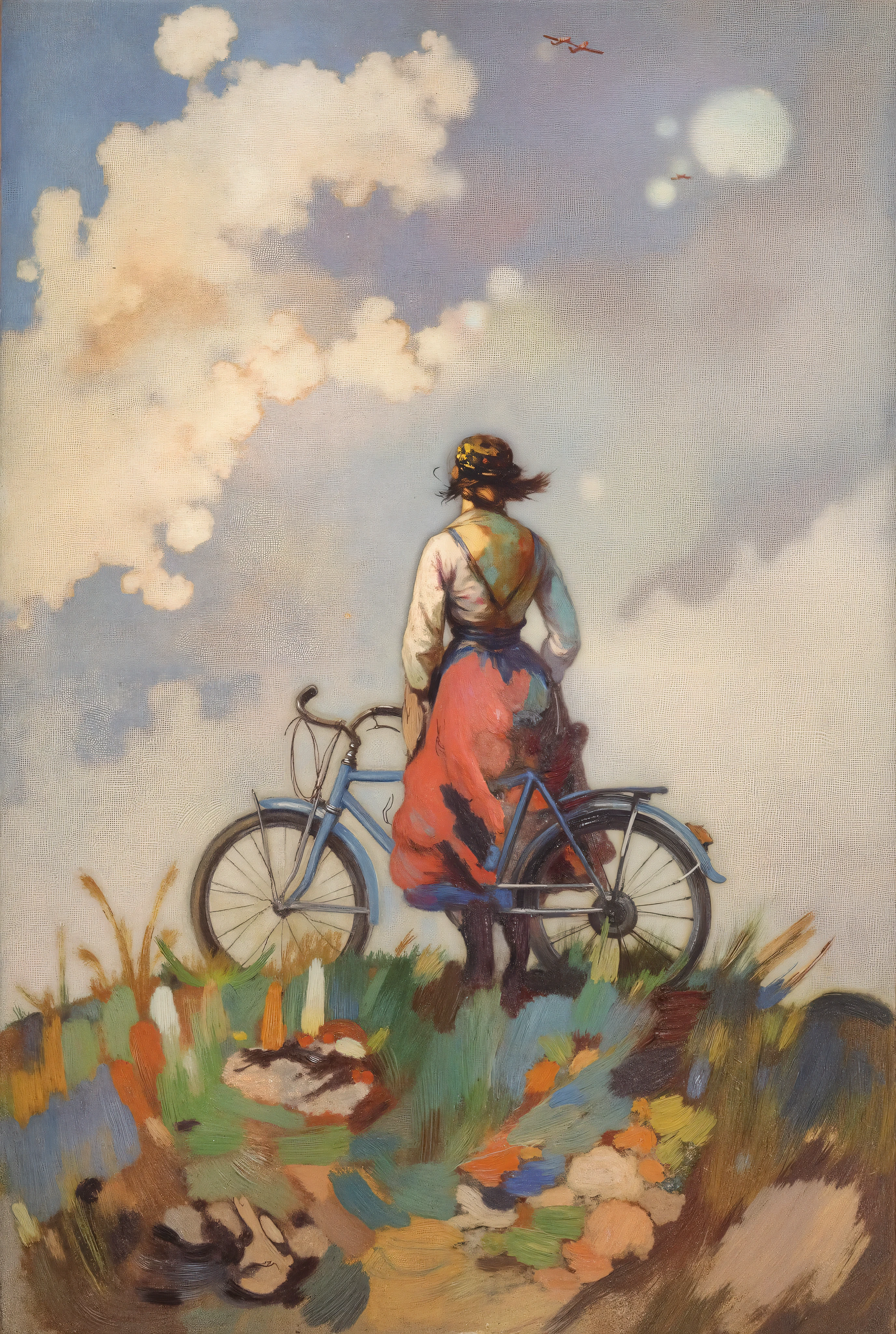 A young rural brunette woman wearing a woman's hat and a red pink dirty dress and white top, standing next to and holding a vintage blue bicycle at the top of a grassy vineyard hill field. Her face is undefined, hidden by her hair in the wind. During the year 1940. The scene is seen from a low angle at the bottom. The woman and the bicycle are at distance on the hill. Windy and cloudy weather. Summer backlight. We can see 3 little german war planes high in the sky far away. Awesome oil painting on canvas with brush stroke in a Monet impressionism pointillism blurry mixed and fade colors style.