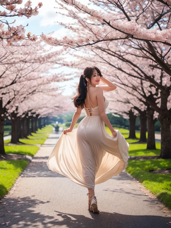 A timeless beauty, clad in a classic qipao of blush pink, adorned with delicate floral lace. The garment's elegant, flowy design flatters her graceful movements, as she walks through a serene garden filled with blooming peonies. The atmosphere is serene and romantic, with soft, golden sunlight filtering through the trees. The composition is centered on her, as she turns to smile, inviting the viewer into her peaceful world.