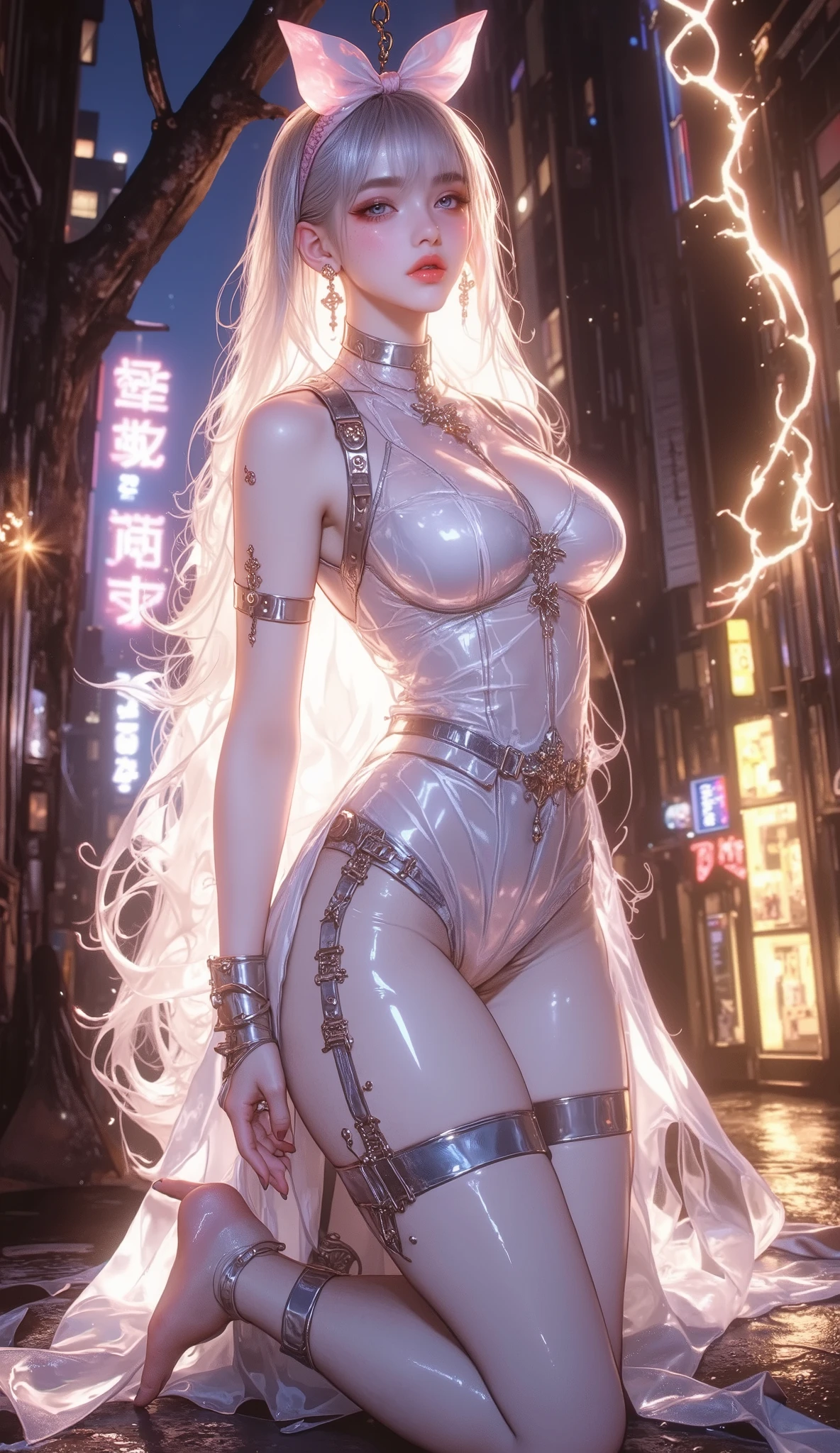  ((((Shiny silver accessories)))), ((((In the storm where thunder shines)))), ((((wet and glowing skin)))), (((Silver Hair))), ( backlit), ((Super wet skin)), ((Fluorescent color)), (((In-depth images))), brunette girl, big Smile,  super beautiful glowing eyes、hanging from the ceiling with his arms tied with a rough rope、sweat、The rope bound her body、wet body、 Legs Hanging from Shackles 、 and a large amount of fluid flows out of your crotch、 One leg is suspended on top with a rough rope 、tied with a rope、Tightly bound、My hands are tied、 legs hanging in restraints  (8K,  live shooting , best image quality, masterpiece: 1.4), Ultra-fine mesh, (Realism, photorealistic: 1.48), masterpiece、best quality、Super Detail、8K、Detailed light、 detailed shadows 、Raw、(Detailed skin)、(Realism: 1.2)、18 years old、long hair、lace underwear、In the torrential rain, masterpiece, best quality, 超high resolution, (realistic:1.4), a beautiful face down to the smallest detail, High Quality Clothing, (masterpiece:1.3), (8k、Best Quality:1.4), (top quality, high resolution), (1 girl:1.3), (alone:1.3), (  Mizuki Yukikaze), (hair bow, Frill collar , Blog, One Piece Tan, sleeves apart , corset before dildos insertion, frills, heart cutout, micro panties, bridal garter, high heels), ( 完璧なversus称的な顔), Beautiful eyelashes, (Nose blush:1.3), (flat chested:1.4), ( beautiful thighs), ((Accurate Arm, sex, Accurate legs)), (perfect anatomy), sunburn, wheat-colored skin, ( High Detail Skin : 1.2), dynamic angle, (Midnight Metropolis , decadent and futuristic urban area ). ( Advanced Future Cars ), (cyberpunk background, Blade Runner), volumetric lighting, bright color, (hair bow,  elbow bag, fingerless gloves, ruffle leotard, fur trim, black leotard, Knee-length boots, versus.  demon ninja suit , One Piece Tan),