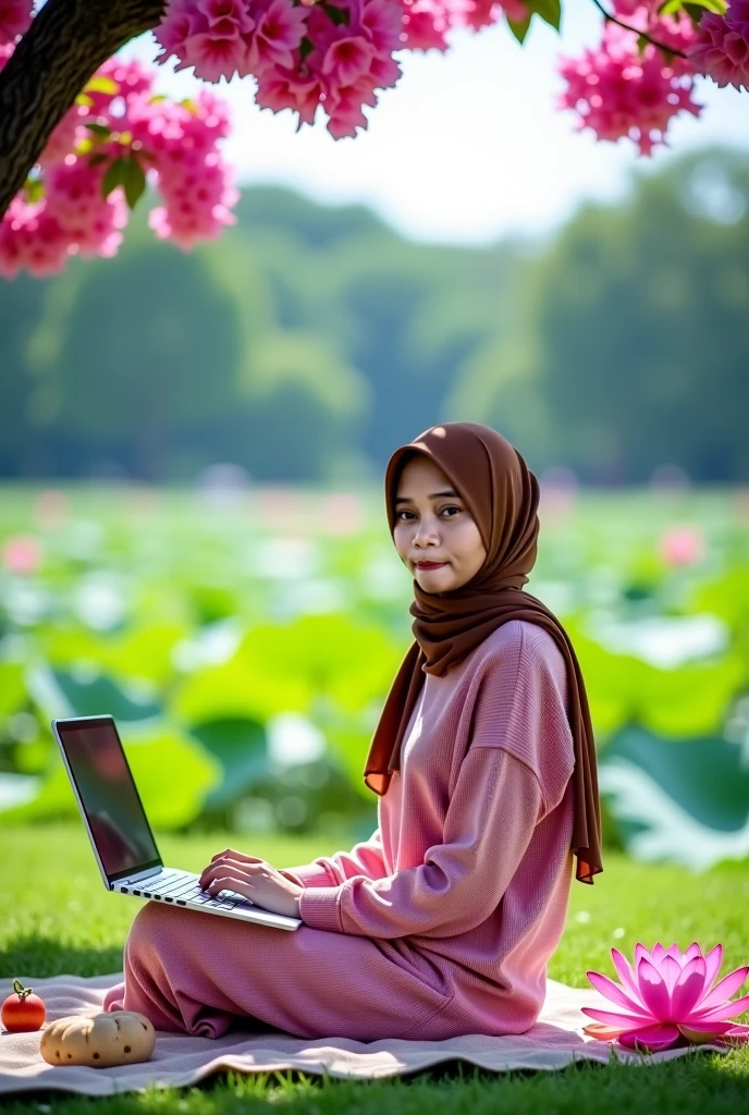 A beautiful Korean woman, wearing a long hijab, a layered hijab in bright colors,Sitting smiling in the park,Bright morning atmosphere, giving the impression of enthusiasm in the morning. Cherry blossom trees, roses in pots,Wearing a long Silver dress with elegant embroidered accents.Sitting on a park bench. Laptop and books on the park bench.There is a cute Angora cat with a bell around its neck.