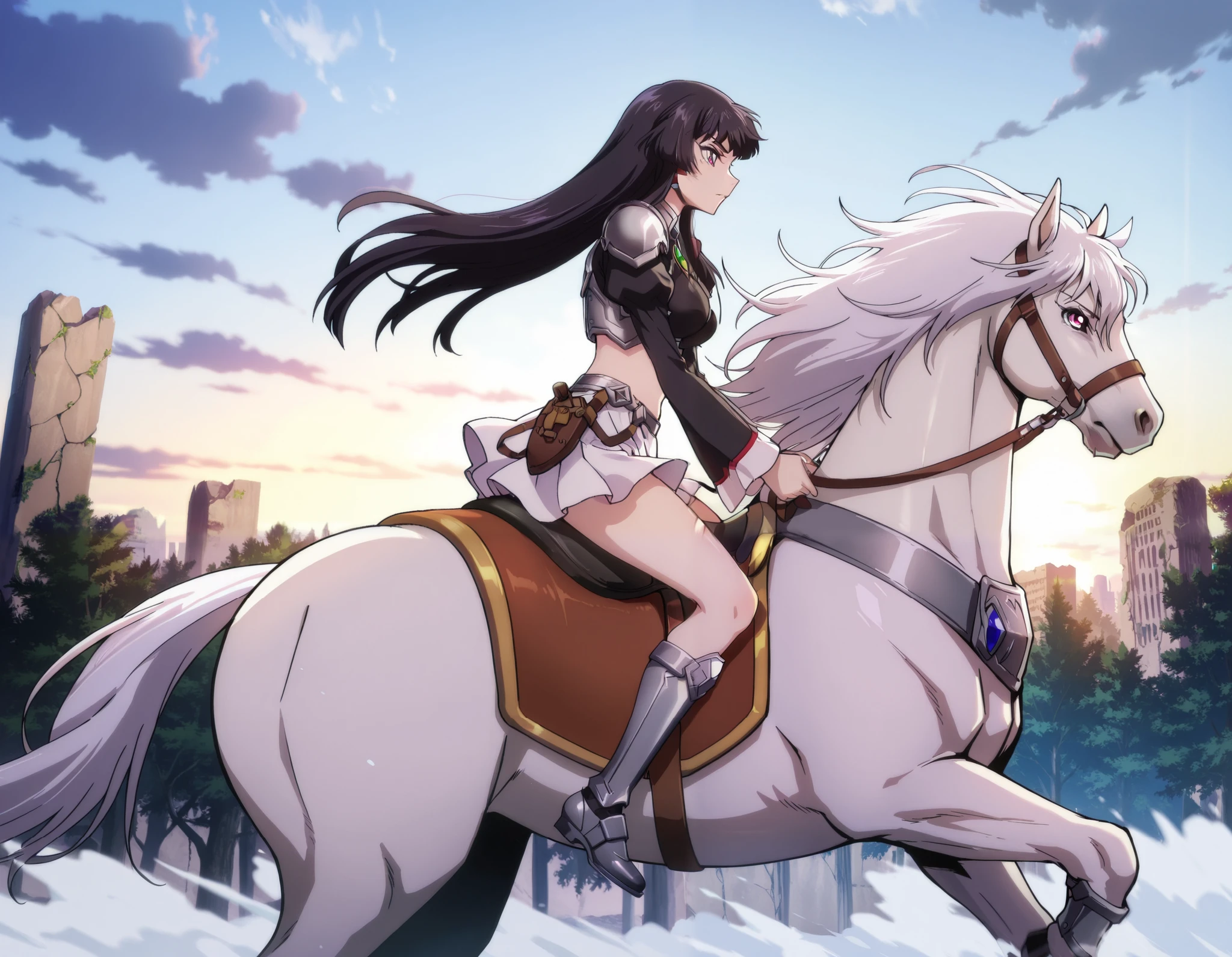  (masterpiece:1.3), (8K, best quality:1.3),, Highest image quality, intricate details, high resolution, depth field, Natural light, professional lighting, anime coloring, from side, BREAK, kisyu, riding, large horse, both hand holding rein, (a female knight riding a horse in forest city ruins full of moses, ((( kjosakuya, pink eyes, hime cut, long hair, {black hair}, medium breast]), (silver armor, silver shoulder pads, black sleeves, white miniskirt, gauntlet, gloves, bare legs, silver greaves)), ([white horse:1.2, white mane, long mane, black eyes, white tail, saddle, reins, bridle, stirrups, running), BREAK (forest, city ruins, walls covered with green moses, moses, fantasy settings:1, daylight), BREAK solo, anatomically correct