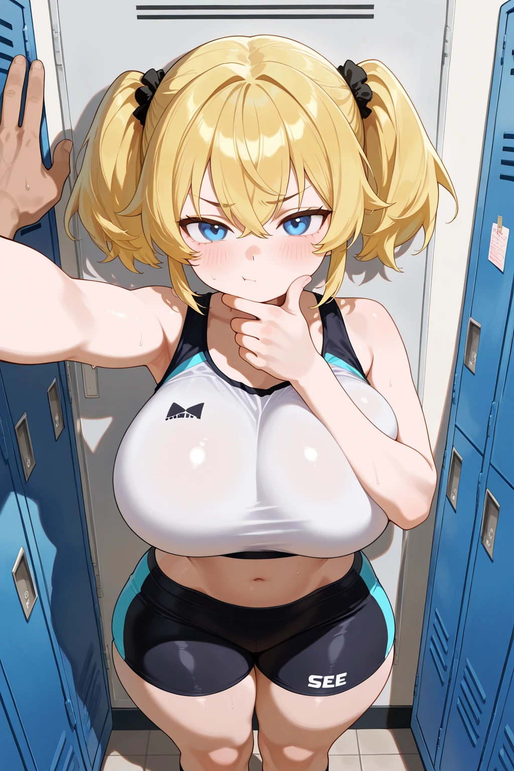 Nsfw,(highest quality,8K,32k,masterpiece),(High resolution),Super detailed,very beautiful face and eyes,1 girl,(close,highest quality,high detail,Rich skin details),(highest quality,8K,oil paint:1.2),Super detailed,tareme,     
                                                                                                         Blond hair,short hair，Complements a variety of shades of black，There is a delicate makeup，shining face，Exquisite，Brilliantred eyes,Feel like a sweet girl,gigantic breast,nipples,pussy,(spread legs),(sringshot swimsuit:1.3),(in stage:1.5),(full-face blush:1.5),(standing naked men:1.3),(penis),(handjob:1.5) ,(people, crowd: 1.3)
              