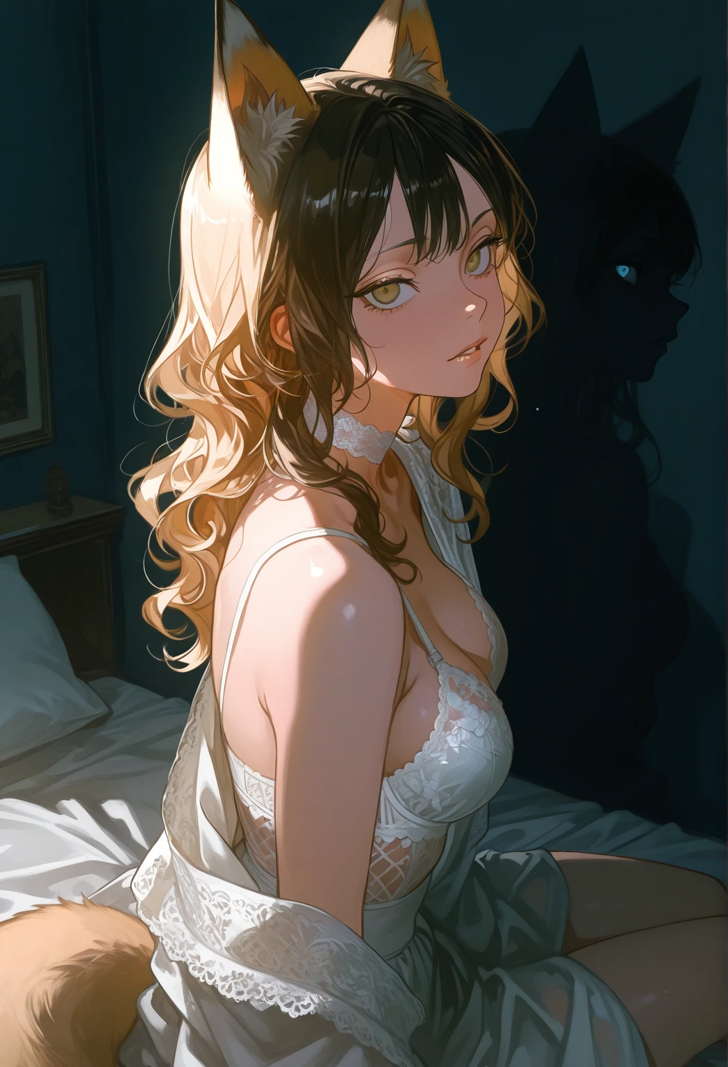 Beauthfull, hidden face, 1 girl, Beauthfull: 1.3, slendered abs: 1.1, camisole vest, Long Brunette Hair, (Sitting in bed), Face ultra detailed, Highly detailed lips, detailedeyes, Double eyelids, totally naked
