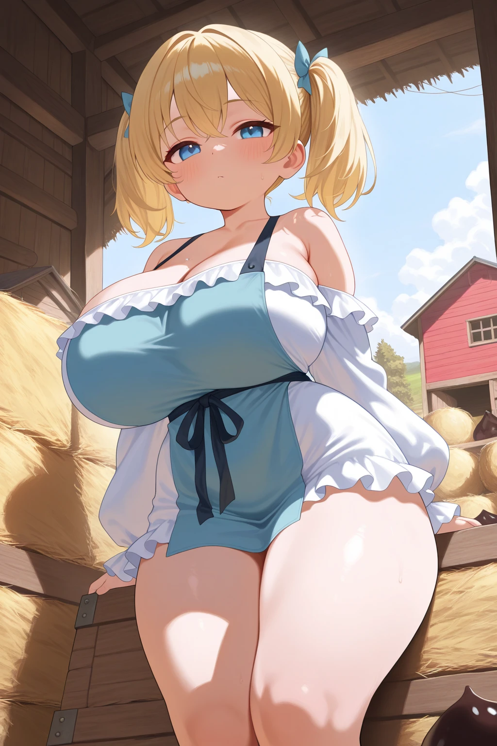 1 girl,smile, wide hips, thick thighs, huge round ass, huge natural breasts, shiny oily breasts, look down, Photos from the ground,(nude),NFSW,look down, Photos from the ground,blond hair,