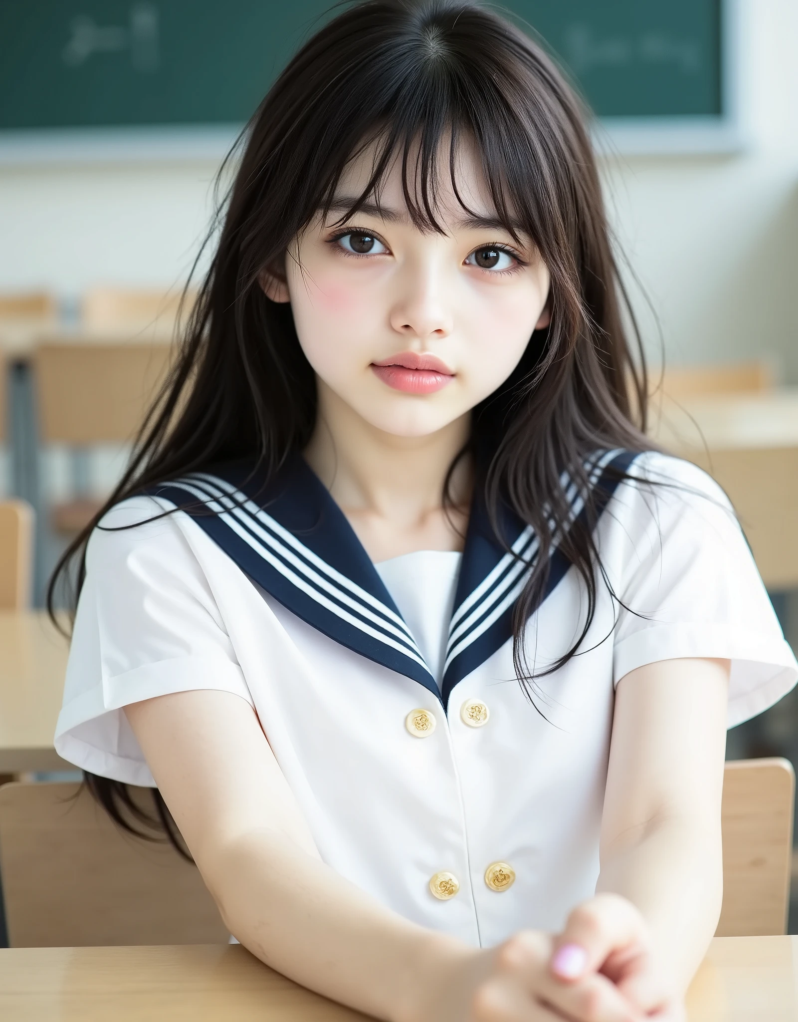 (Canon), (EOS R5), (50mm), (((photorealistic:1.5))), ( No Lens Flare :1.5), ((超high resolution)), (masterpiece), accurate,(realisticな質感の肌), Super Detail, High detail, high quality DVD , winning work, 最high quality DVD, 32K, is written in depth,  digital camera, award-winning glamour photo , professional lighting, (SFW), ((最high quality DVD:1.5)), ((masterpiece:1.5)), ((realistic)), high resolution,realisticな影, Roughness, Real Life,(very beautiful and cute single Japanese woman), (The cuteness of a top Japanese idol), ((Upper body shot seen obliquely from the front :1.5)), (( upper body shot from head to knee  :1.5)), (( cute 18-year-old Japanese high school girl )), ((( white short sleeve sailor suit :1.8))), ((High School Classroom,  desk, chair, blackboard, and window visible )),  (((襟と胸当てが紺色で3本の白色ラインがある半袖の白色夏服セーラー服とnavy blue flared skirtを着て椅子に座っている:1.8))), ((Short-sleeved white sailor suit with dark blue collar and breast :1.8)), (( no front buttons on a sailor suit :1.8)), (( sailor suit's chest is dark blue and has 3 white lines :1.5)), ((navy blue flared skirt:1.5)), ((Light blue scarf for sailor suit :1.8)), ((Navy blue scarf closure :1.5)), ((No Accessories:1.5)), ((no earrings:1.5)), ((Without necklace:1.5)), ((Women's watch on her left arm )), ((very cute high school girl who feels young)), Attractive cuteness , Seductive Poses, Height: 160cm, slim figure, Beautifully shaped bust, D cup, ((少し歯が見える very cute smile:1.5)), (alone:1.5), (There is only one person in the classroom), (brown eyes:1.9), ( Detailed depiction of extremely realistic skin ), (Highly detailed, realistic eyes:1.9), ( extremely beautiful long realistic eyelashes ), (Highly detailed, realistic eyebrows), (丸いbrown eyes :1.8), ( beautiful catchlight on the eyes), (Realistic lips with moisture ), (White Realistic Teeth Arrayed Neatly), ( Beautiful and Detailed Face :1.6), (hourglass figure:1.6), (Wasp waist :1.5), (Perfectly round and beautifully shaped breasts:1.8), ( clearly contoured cheekbones  :1.5), (perfect style body :1.8), (Healthy body :1.8), (Narrow shoulders:1.9), (staring at viewers), (mesmerizing gaze on the outer corner of the eye), (Beautiful, natural-looking hands), (beautiful pink nails with a beautiful length), ( show your hands as little as possible ), ( very cute smile:1.1), ( her stomach and navel may be slightly visible:1.4), (dark hair medium hair :1.3), (beautiful black hair), ( has bangs), natural atmosphere, Very cute type, beautiful thighs, (( evening classroom )), (( with a pencil case and notebook on her desk :1.4)), (( show your hands as little as possible )), ((I can&#39;t show my feet)), blur the background, Illuminate the face, dynamic pose, beautiful body line , Beautiful, realistic skin , Art Photography, Beautiful Soft Writing, accurate手の形,accurate指の形,accurate指の数,5 fingers on one hand ,((No watermark, No signature))
