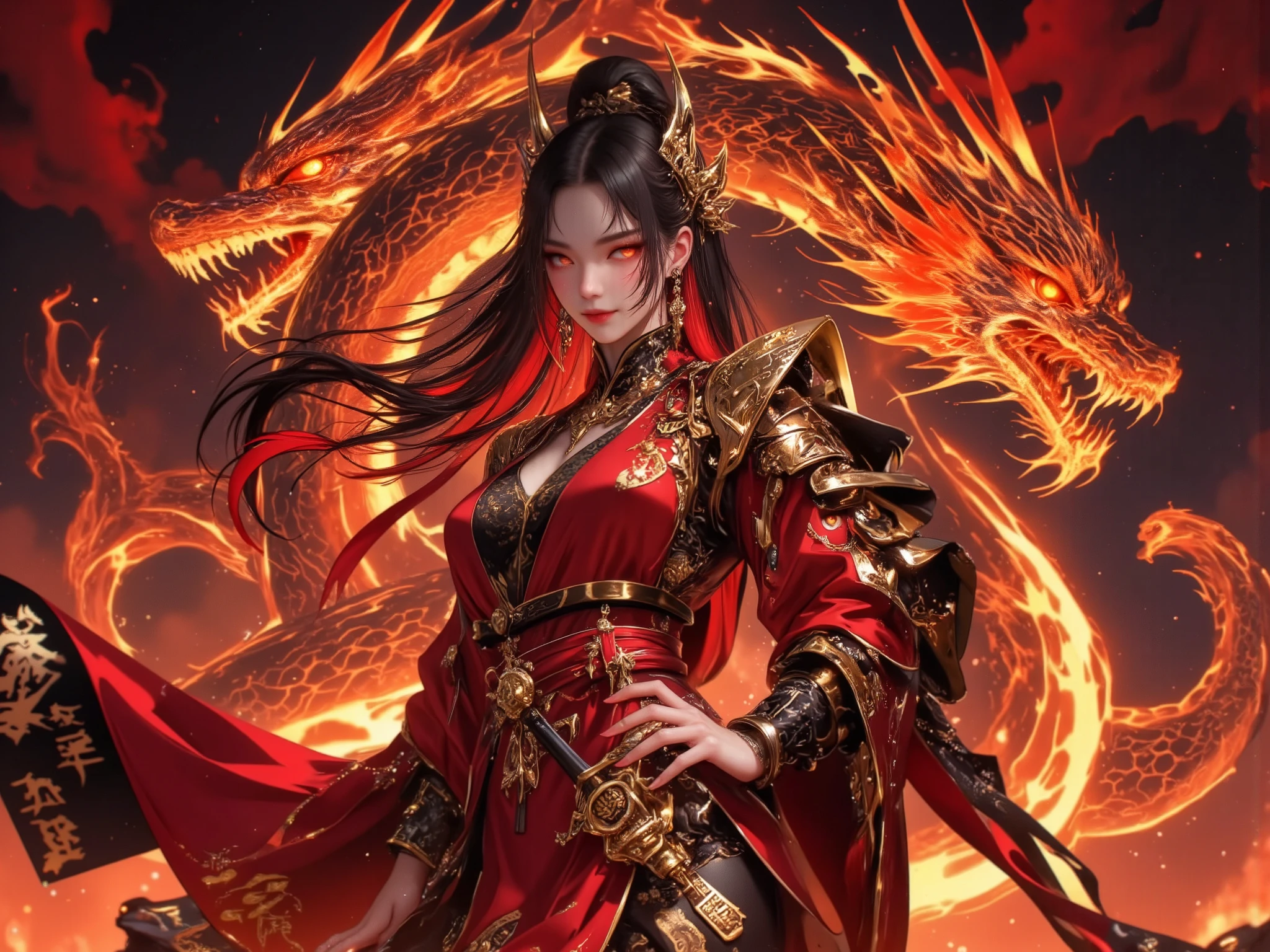 A stunning and powerful anime-style character, Lu Xuque, standing in a confident and dynamic pose. She has long, flowing black hair with fiery red highlights, cascading down her back like flames. Her piercing amber eyes glow with intensity, reflecting her fiery spirit and sharp intellect. Her face is elegant and regal, with a subtle smirk that hints at her cunning nature. She wears an elaborate robe in deep red and gold, adorned with intricate dragon patterns and flame motifs. The robe flows dramatically in the wind, revealing a sleek, form-fitting underlayer with black and gold accents. Her accessories include a golden dragon-shaped pendant, ornate hairpins, and a pair of elegant yet deadly fans, each engraved with fiery runes.

Behind her, a massive dragon made of flames emerges, its eyes glowing with the same intensity as hers. The dragon coils around her protectively, its fiery breath illuminating the dark, mystical landscape. The background features a dramatic sky with swirling clouds of red and gold, creating a sense of power and mystery. The lighting is intense, with fiery highlights contrasting against deep shadows, emphasizing her commanding presence.

(anime style, highly detailed, vibrant colors, dynamic posing, intricate clothing designs, dramatic lighting, fiery atmosphere, digital painting, masterpiece, best quality, inspired by World of Cultivation)