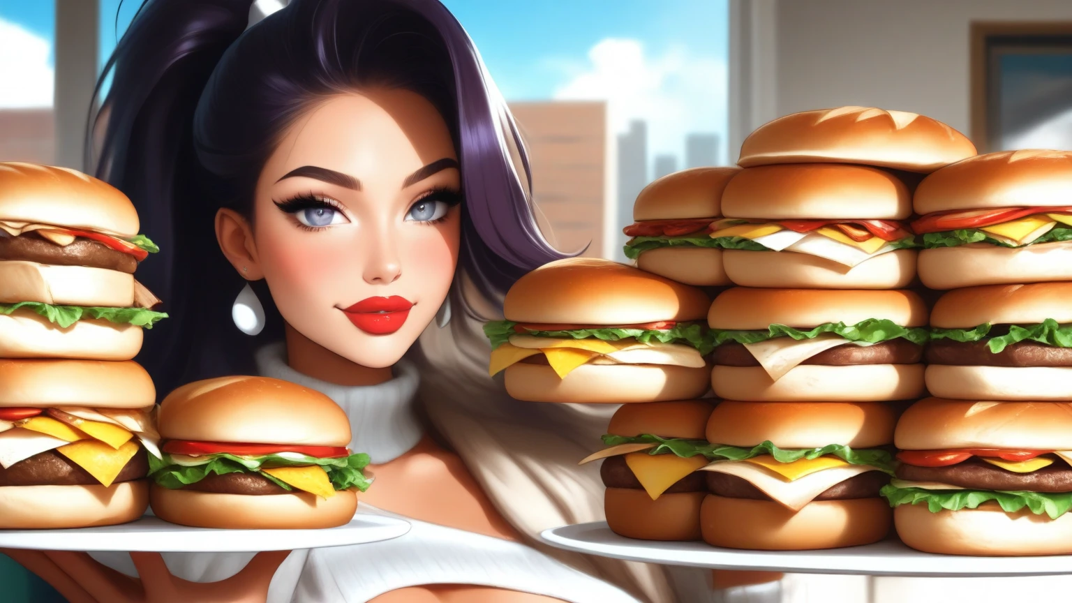 araffe woman sitting on a bench with a bag of mcdonald's, [ 4 k digital art ]!!, giantess art, style artgerm, artgerm style, artwork in the style of guweiz, serving big macs, super realistic food picture, real life big mom, like artgerm, in style of artgerm