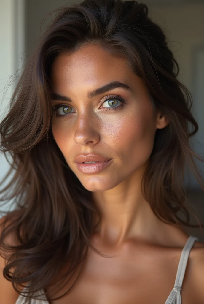 Femme arafed, fille sexy aux yeux bruns, Portrait Sophie Mudd, cheveux bruns et grands yeux, selfie d&#39;une jeune femme, Yeux de chambre, Violette Myers, sans maquillage, maquillage naturel, regarder directement la caméra, Visage avec Artgram, Maquillage subtil, Superbe photo du corps entier, clivage, assis à table, nude, big boobs
