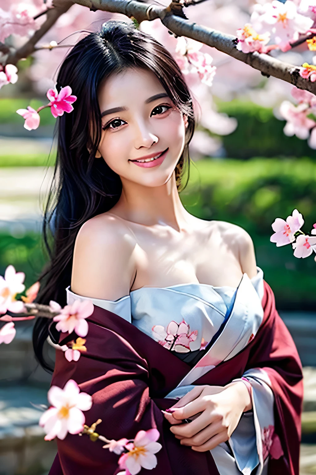 realistic:1.4、A girl wearing an off-the-shoulder kimono、front、chest is visible、Close-up of black hair、smile、upper body、The background is a cherry blossom petal、BEAUTIFUL FLOWERING 、The flower petals bloom beautifully、Beautiful、