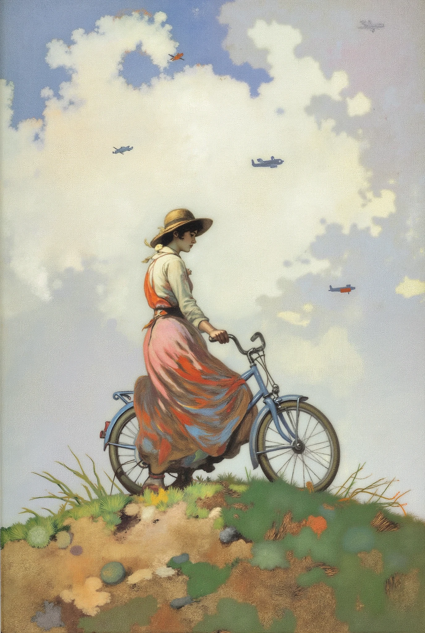 A young rural brunette woman wearing a woman's hat and a red pink dirty dress and white top, standing next to and holding a vintage blue bicycle at the top of a grassy vineyard hill field. Her face is undefined, hidden by her hair in the wind. During the year 1940. The scene is seen from a low angle at the bottom. The woman and the bicycle are at distance on the hill. Windy and cloudy weather. Summer backlight. We can see 3 little german war planes high in the sky far away. Awesome oil painting on canvas with brush stroke in a Monet impressionism pointillism blurry mixed and fade colors style.