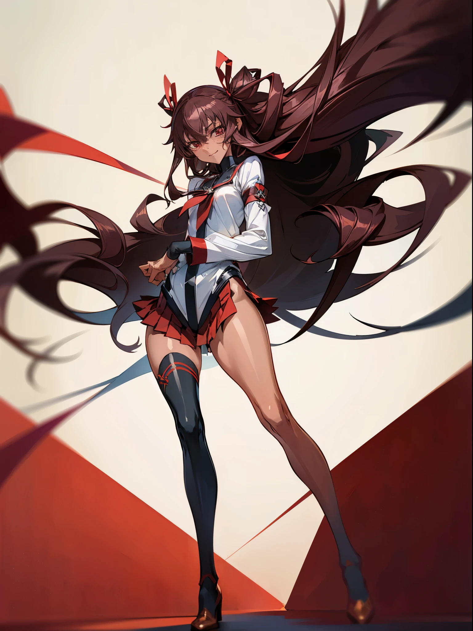 (best quality、masterpiece:1.2), female 1 person、 yukikaze, (Brown Skin Women) Slender Woman、(Black high leg、black knee-high), Brown Long Hair、Red Eyes、red ribbon、red skirt、 (( Malicious Expression 、 's vulgar smile)) Mr..々