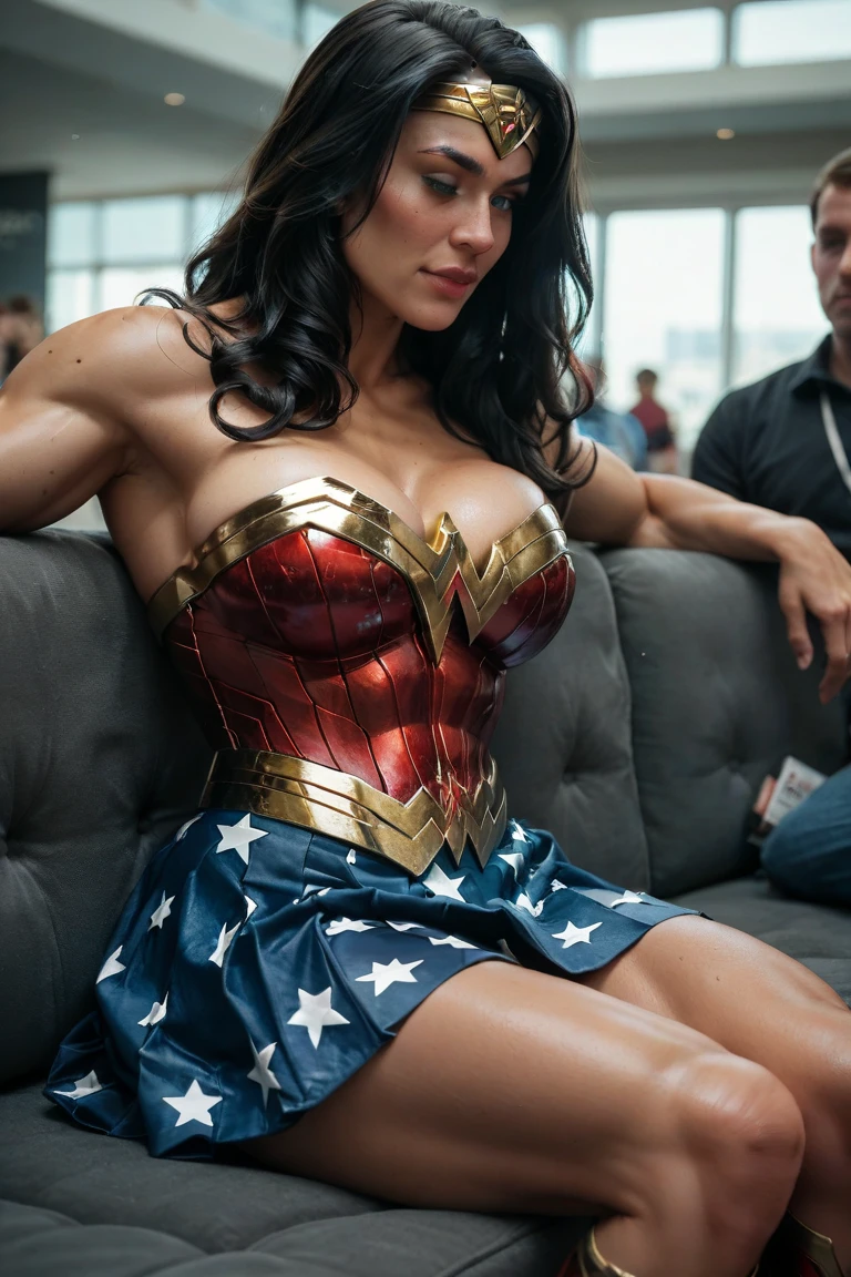 ((((Dramatic))), (((grittiness))), (((intense))) The movie poster features a Wonder Woman as the central character。She stands confidently in the center of the poster, Wonder Woman, (intricate detailed, makeup), (detailed beautiful delicate face, detailed beautiful delicate eyes, a face of perfect proportion), (Glossy skin: 1.0), fine detailed skin, strong and realistic blue eyes, realistic black hair, ((long wavy hair:1.3)), lips, makeup, natural skin texture, tiara, (red and gold bustier:1.2), blue leotard with white stars, silver bracelets, ((Red knee high boots:1.2)), golden belt, (Wonder Woman clothing:0.5), (bare shoulder:1.2), ((light tanned skin:0.8)),  Sexy, elastic muscles, (muscular: 1.2), ((strong and healthy body)), ((((the more) muscular))), Long leg, curved, (small breasts: 1.3), cleavage, rib, thin waists, soft waist, (fine detailed skin), (beautiful and sexy woman), (swollen lips: 0.9), (eyelash: 1.2), very delicate muscles, perfect body figure, perfect ???????, perfect details, perfect fingers, perfect limbs, (The Perfect Hand:1.4),。The text is bold and attention-grabbing，With catchy slogans。The color palette is dominated by soft light，Dotted with bright colors，Make your poster dynamic and visually striking, (Magazines:1.3), (cover-style:1.3), Fashioner-Lab, girls, lively, clothed, posing in, rich colorful，Background with，heroic elements，self-assured，Expressing the，halter，statement，attachment，masterpiece，coil，touching，Scenes，SMS，The cover of，boldness，attention-grabbing，show nipples, show ??????, ?????? vagina, wet body.