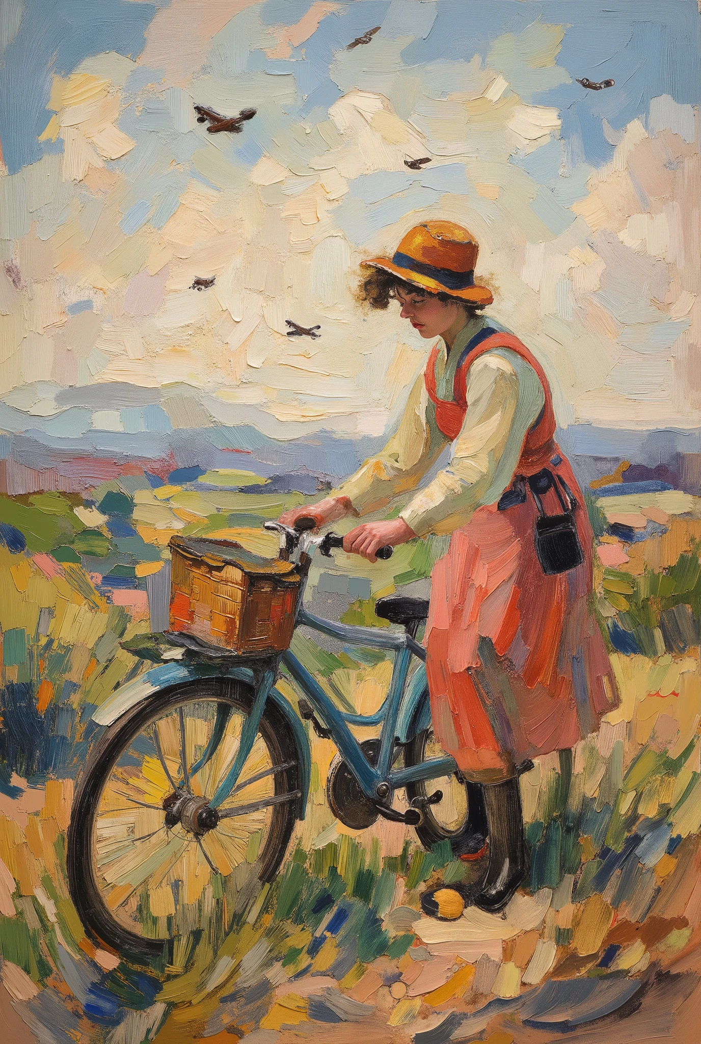 A young rural brunette woman wearing a woman's hat and a red pink dirty dress and white top, standing next to and holding a vintage blue bicycle at the top of a grassy vineyard hill field. Her face is undefined, hidden by her hair in the wind. During the year 1940. The scene is seen from a low angle at the bottom. The woman and the bicycle are at distance on the hill. Windy and cloudy weather. Summer backlight. We can see 3 little german war planes high in the sky far away. Awesome oil painting on canvas with brush stroke in a Monet impressionism pointillism blurry mixed and fade colors style.