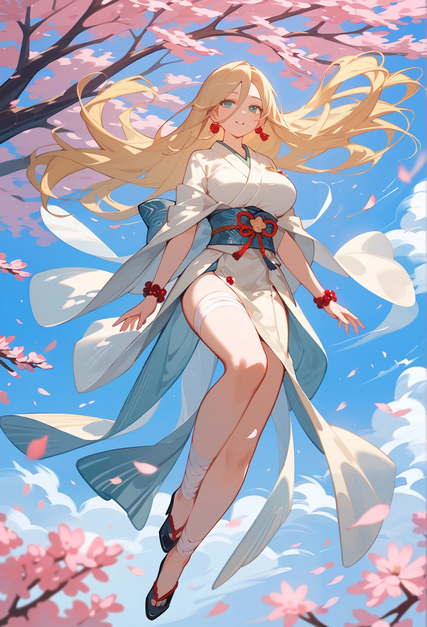 (masterpiece, highest quality),askew kimono,Blonde Beautiful adult woman, full body, bandages, Big breasts, sexy, Seductive images, blonde peach long hair,cherry blossom trees, flying, windy, ethereal, (ultra detailed), (cowboy shot)