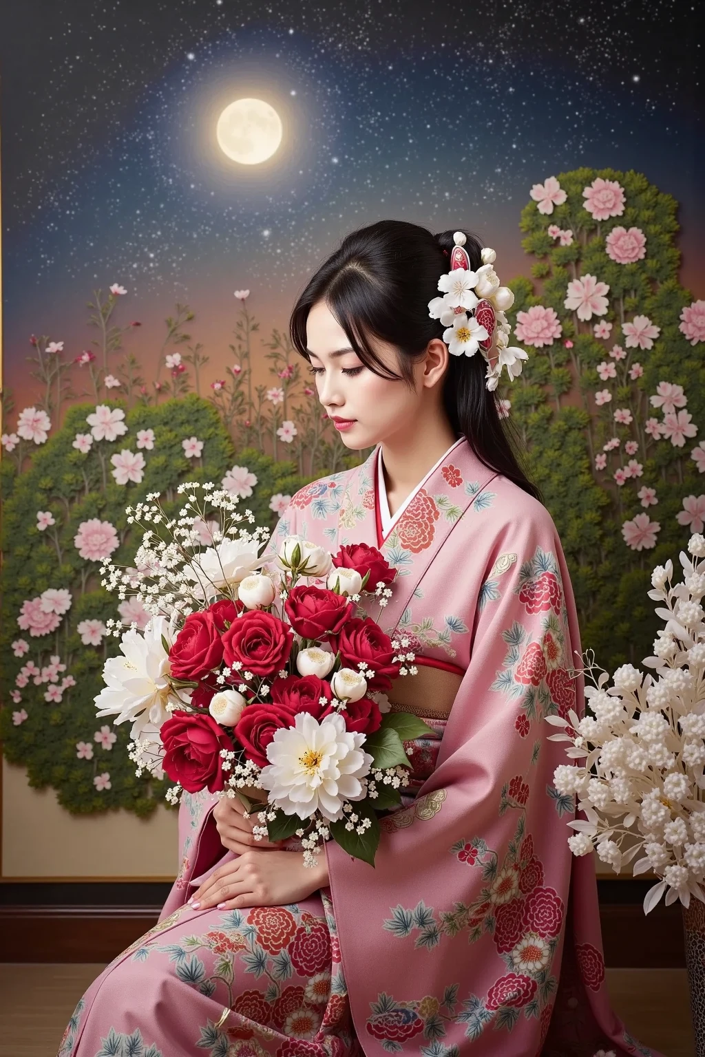 Woman in Kimono Holding a Stunning Bouquet of Roses and Lilies、Red and white colors、Comfortable rooms、A leaf made of green leaves、large open window、Moon and Stars、Evening、Comfortable Vibes、vivid colors、complicated details、best quality、high image quality、greatest masterpiece、high definition、8k