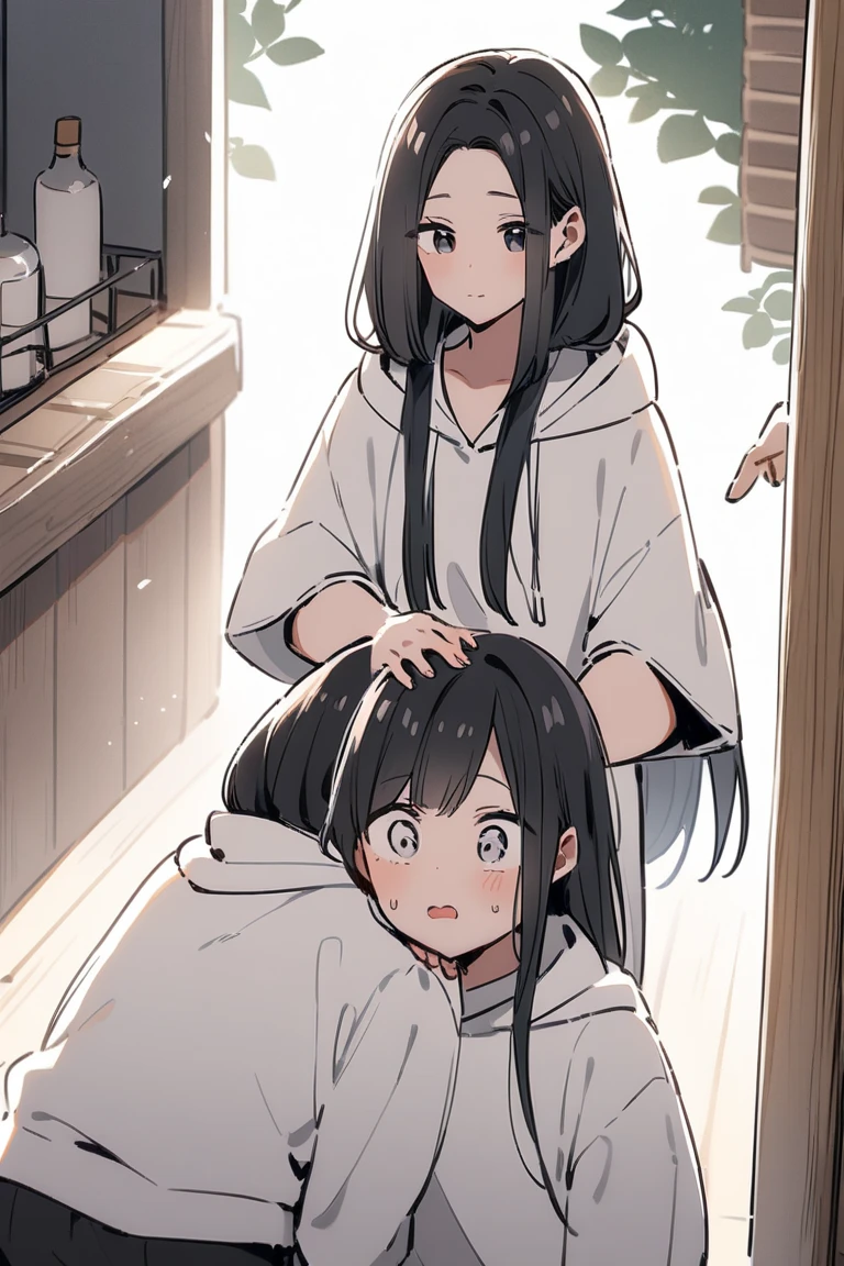 Cool girl，In the bathroom，wash her long hair，A very,、Very long ponytail，extra long black hair，Hair as long as height， 2d ，Japanese anime， female high-school student，bigger，Best quality at best, fully body photo。I wasn't wearing any clothes。