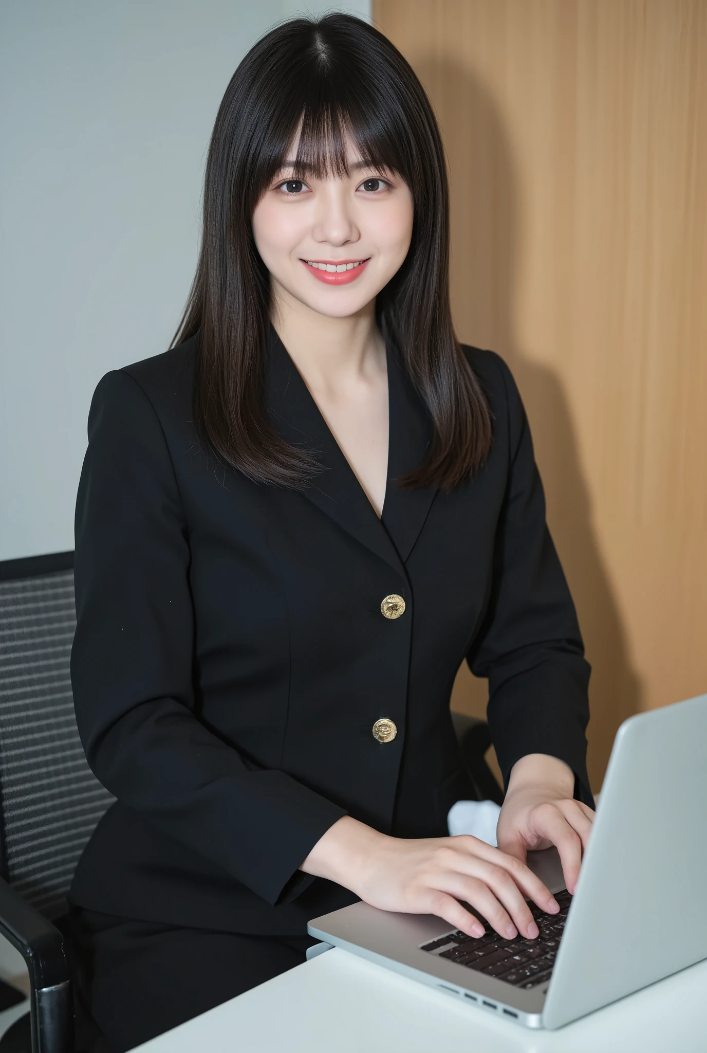(mature adult woman wears a１By people),beautiful black hair,super straight hair,With bangs,long hair, realistic person images in dark waters,Realism,best quality,mastepeice,best quality,best image quality,highest resolution from vagina,fine details,Beautiful detailed face,black eyes,((realistic skin quality)),detailed background,( accurate body),(perfect body),(((show me her full body))),((Realismのある肌)),(((smile))),((super big )),((A big butt with a beautiful shape)),(((Woman operating a))),(((laptop in the form of an office lady))),(((Beautiful Working Woman ))),(((((Are you wearing a women-only work suit))))),