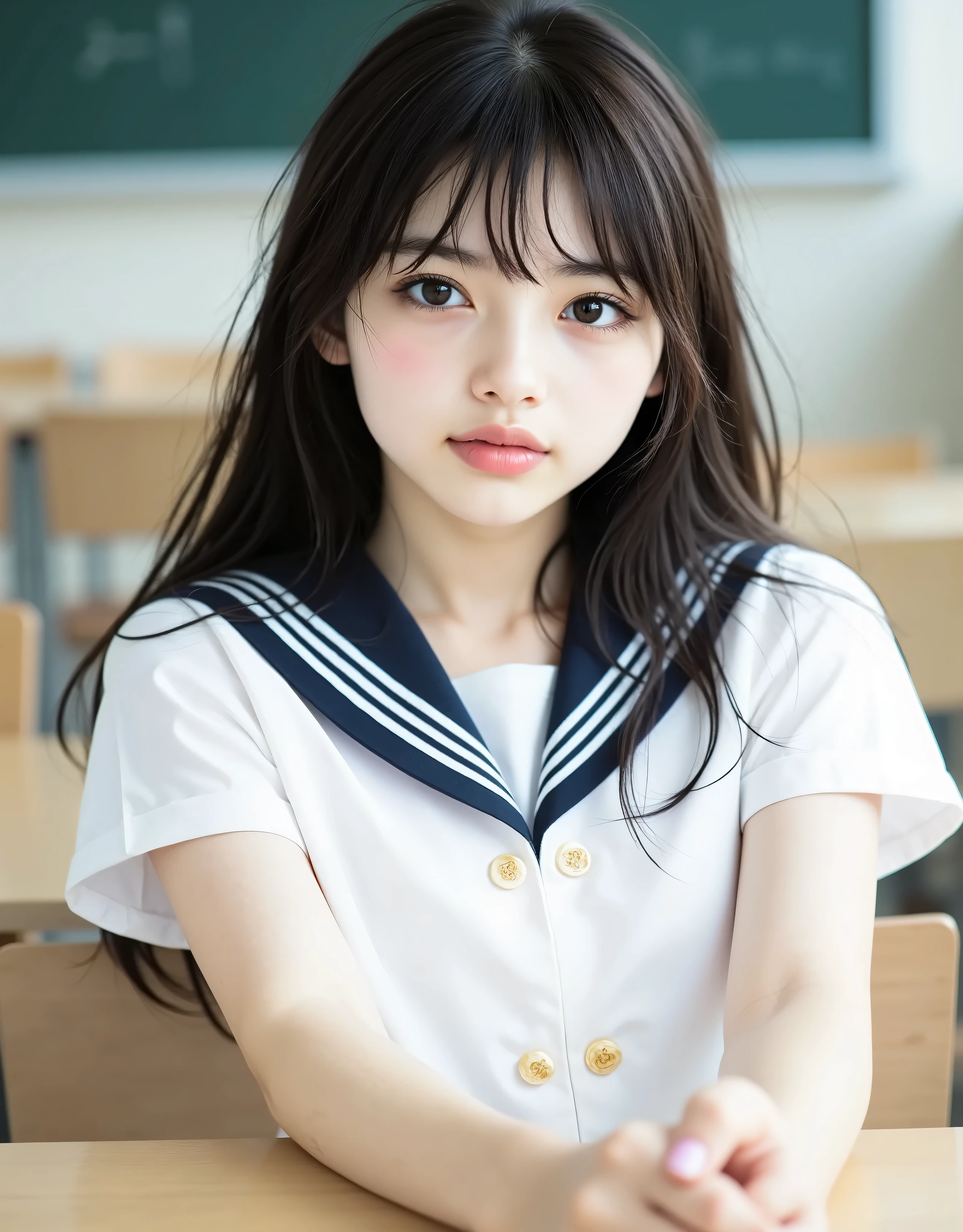 (Canon), (EOS R5), (50mm), (((photorealistic:1.5))), ( No Lens Flare :1.5), ((超high resolution)), (masterpiece), accurate,(Realistic texture skin), Super Detail, High detail, high quality DVD , winning work, 最high quality DVD, 32K, is written in depth,  digital camera, award-winning glamour photo , professional lighting, (SFW), ((最high quality DVD:1.5)), ((masterpiece:1.5)), ((realistic)), high resolution,Realistic shadow, Roughness, Real Life,(very beautiful and cute single Japanese woman), (The cuteness of a top Japanese idol), ((Upper body shot seen obliquely from the front :1.5)), (( upper body shot from head to knee  :1.5)), (( cute 18-year-old Japanese high school girl )), ((( white short sleeve sailor suit :1.8))), ((High School Classroom,  desk, chair, blackboard, and window visible )),  (((I'm sitting on a chair wearing a short-sleeved white summer suit with dark blue collar and 3 white lines and a navy blue flared skirt:1.8))), ((Short-sleeved white sailor suit with dark blue collar and breast :1.8)), (( no front buttons on a sailor suit :1.8)), (( sailor suit's chest is dark blue and has 3 white lines :1.5)), ((navy blue flared skirt:1.5)), ((Light blue scarf for sailor suit :1.8)), ((Navy blue scarf closure :1.5)), ((No Accessories:1.5)), ((no earrings:1.5)), ((Without necklace:1.5)), ((Women's watch on her left arm )), ((very cute high school girl who feels young)), Attractive cuteness , Seductive Poses, Height: 160cm, slim figure, Beautifully shaped bust, D Cup, ((A little teeth showing, very cute smile:1.5)), (alone:1.5), (There is only one person in the classroom), (brown eyes:1.9), ( Detailed depiction of extremely realistic skin ), (Highly detailed, realistic eyes:1.9), ( extremely beautiful long realistic eyelashes ), (Highly detailed, realistic eyebrows), (丸いbrown eyes :1.8), ( beautiful catchlight on the eyes), (Realistic lips with moisture ), (White Realistic Teeth Arrayed Neatly), ( Beautiful and Detailed Face :1.6), (hourglass figure:1.6), (Wasp waist :1.5), (Perfectly round and beautifully shaped breasts:1.8), ( clearly contoured cheekbones  :1.5), (perfect style body :1.8), (Healthy body :1.8), (Narrow shoulders:1.9), (staring at viewers), (mesmerizing gaze on the outer corner of the eye), (Beautiful, natural-looking hands), (beautiful pink nails with a beautiful length), ( show your hands as little as possible ), ( very cute smile:1.1), ( her stomach and navel may be slightly visible:1.4), (Dark Hair Medium Hair :1.3), (beautiful black hair), ( Has bangs), natural atmosphere, Very cute type, beautiful thighs, (( evening classroom )), (( with a pencil case and notebook on her desk :1.4)), (( show your hands as little as possible )), ((I can't show my feet)), blur the background, Illuminate the face, dynamic pose, beautiful body line , Beautiful, realistic skin , Art Photography, Beautiful Soft Writing, Accurate ,Accurate , Accurate,5 fingers on one hand ,((No watermark, No signature))